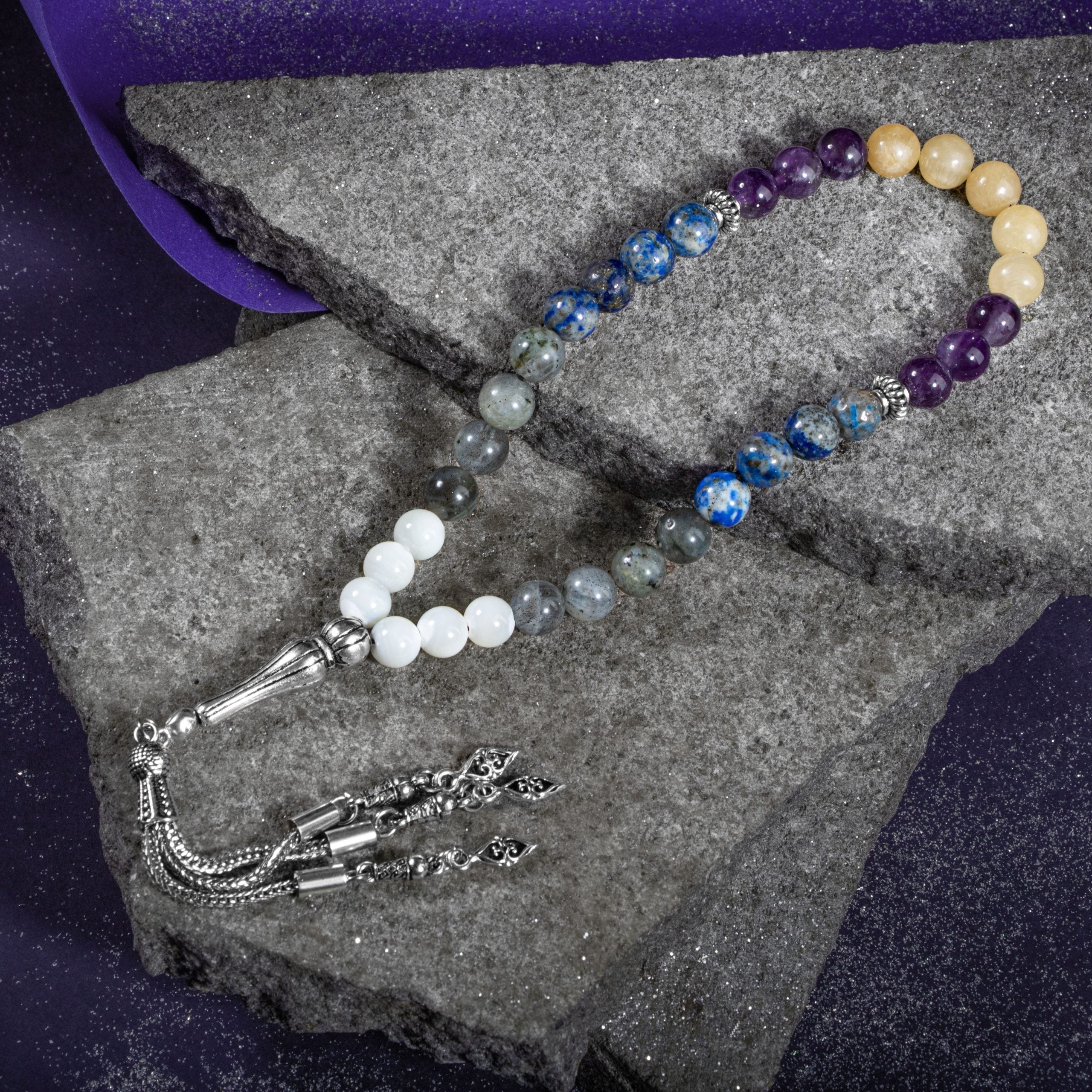 Sagittarius Zodiac Prayer Beads – Amethyst, Calcite, Labradorite, Lapis Lazuli & Mother of Pearl Natural Gemstone