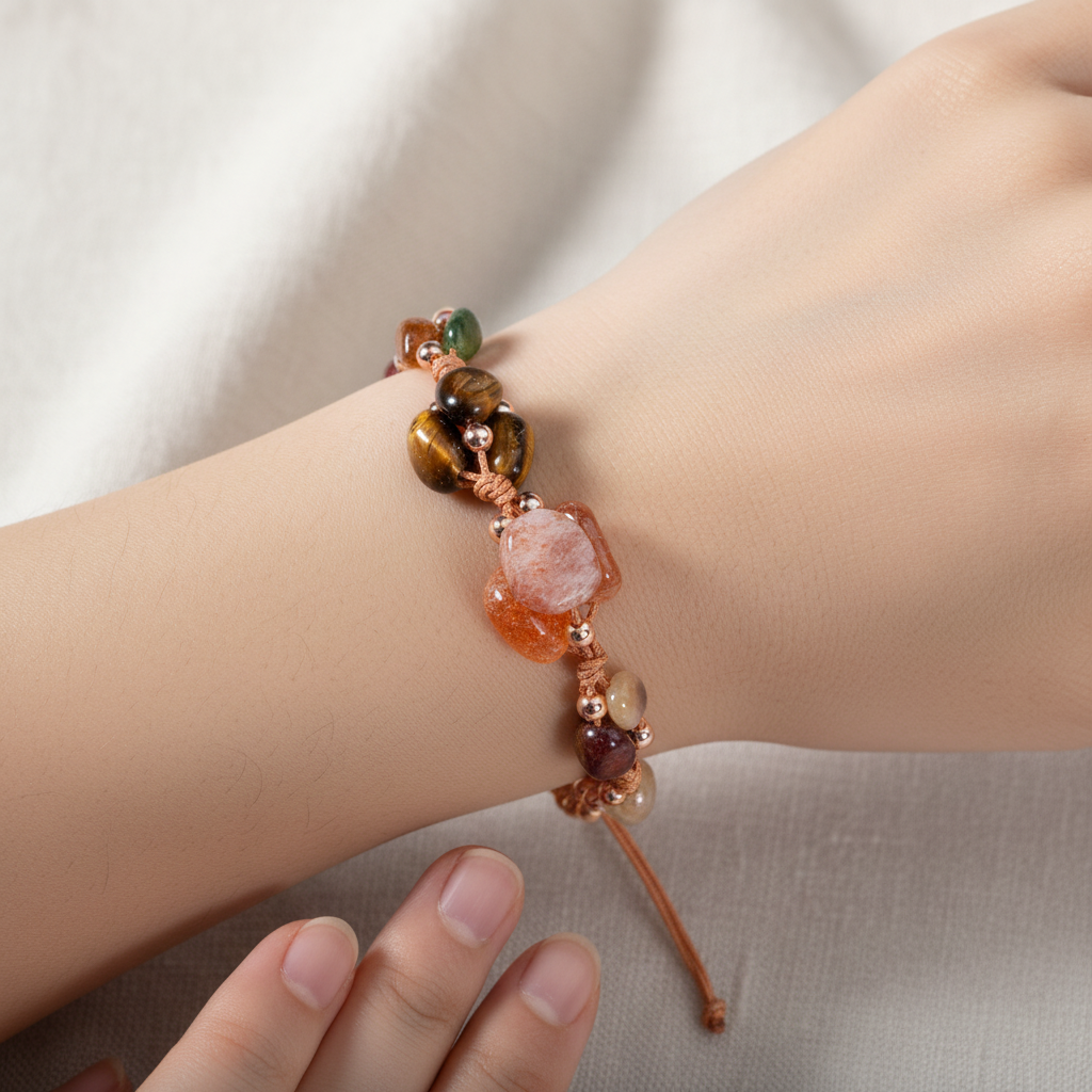 Leo Zodiac Natural Stone Macramé Bracelet – Burgundy Garnet (Lal), Sunstone, Jasper, Tiger’s Eye, Amber, Multicolor Tourmaline, Citrine