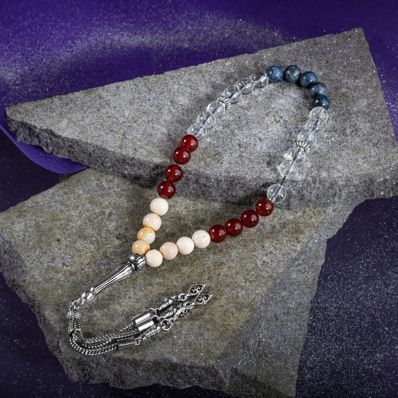 Laboratory Certified Capricorn Zodiac Prayer Beads – Dumortierite, Jasper, Red Agate & Crystal Quartz Natural Gemstone
