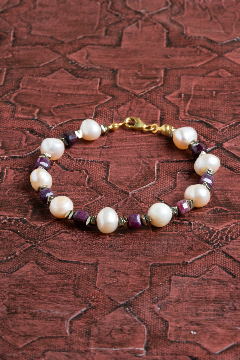 Laboratory Certified Pearl & Ruby Natural Stone Bracelet