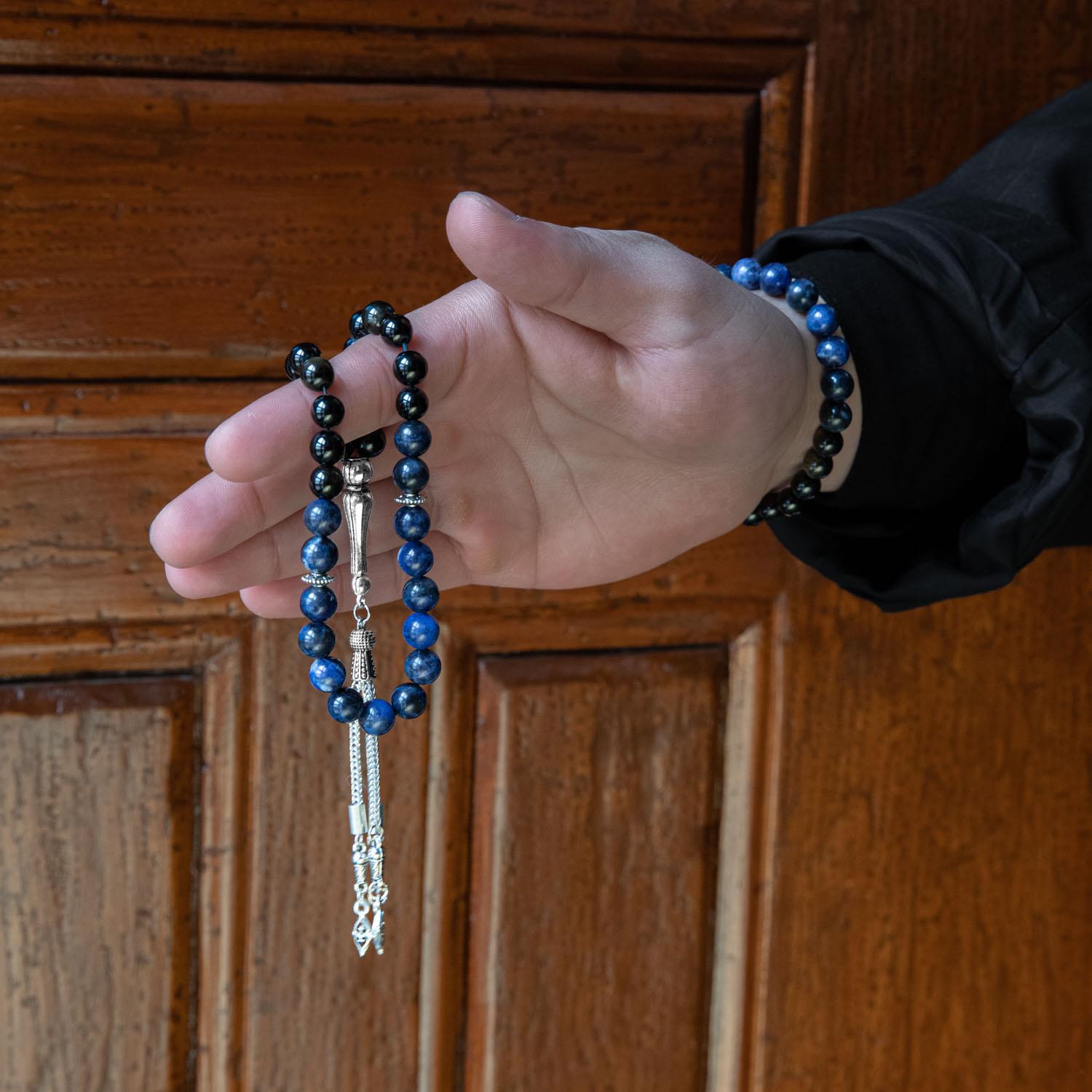 Obsidian & Dumortierite Natural Gemstone Prayer Beads & Bracelet Set