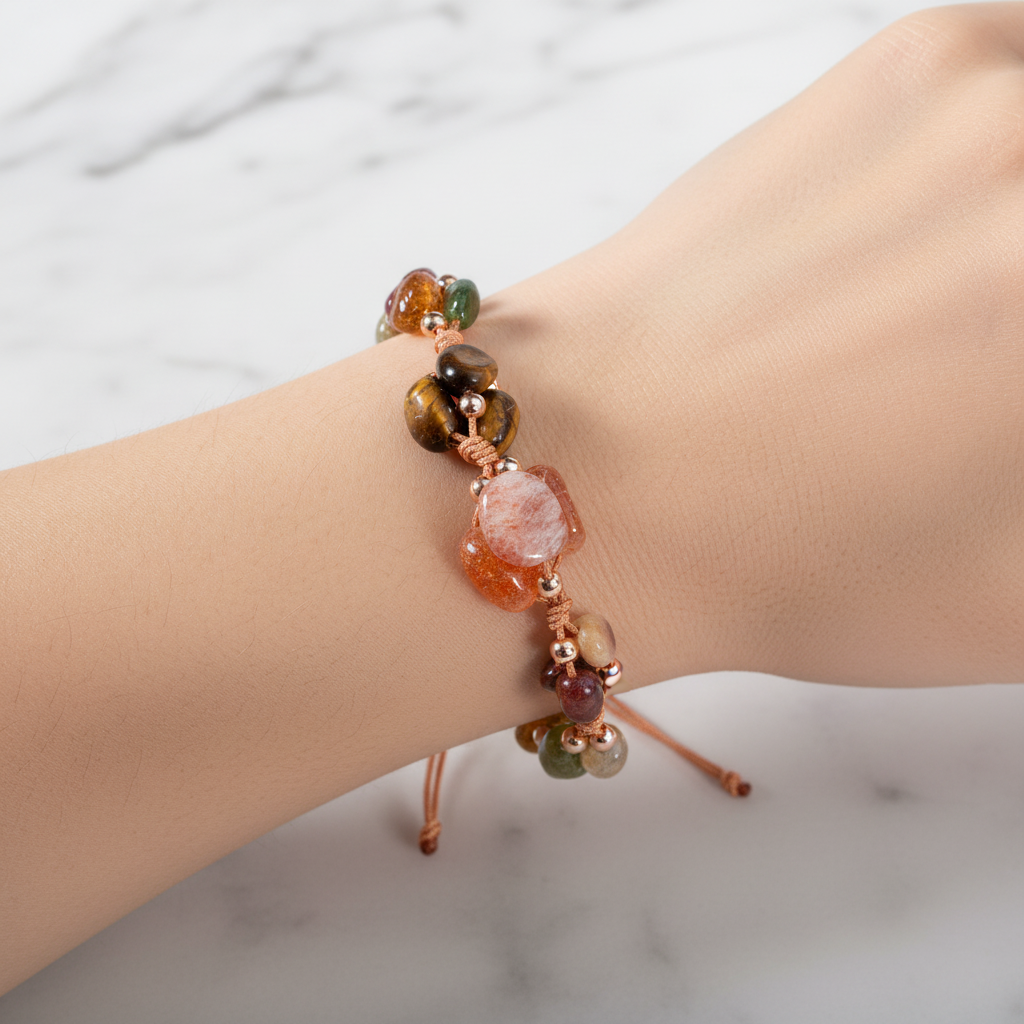 Leo Zodiac Natural Stone Macramé Bracelet – Burgundy Garnet (Lal), Sunstone, Jasper, Tiger’s Eye, Amber, Multicolor Tourmaline, Citrine