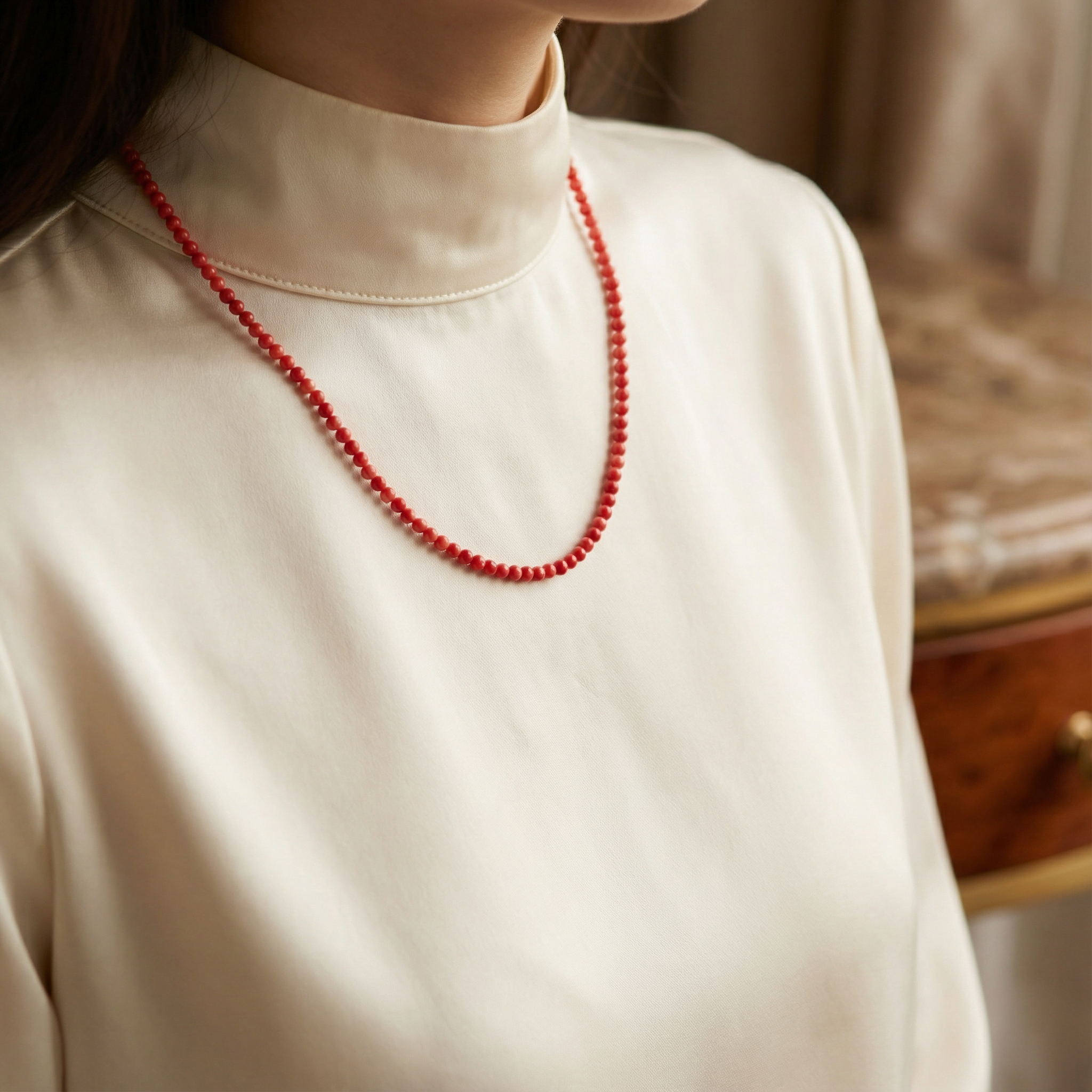 Laboratory Certified Coral Natural Stone Necklace 2 mm