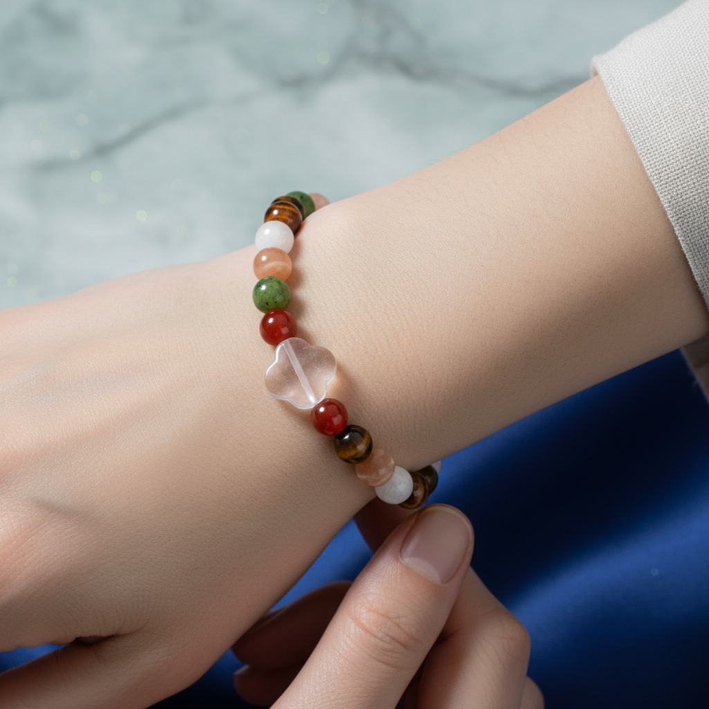 Laboratory Certified Gemini Zodiac Natural Stone Bracelet – Moonstone, Sunstone, Tiger’s Eye, Red Agate, Rose Quartz & Jade (Serpentine)