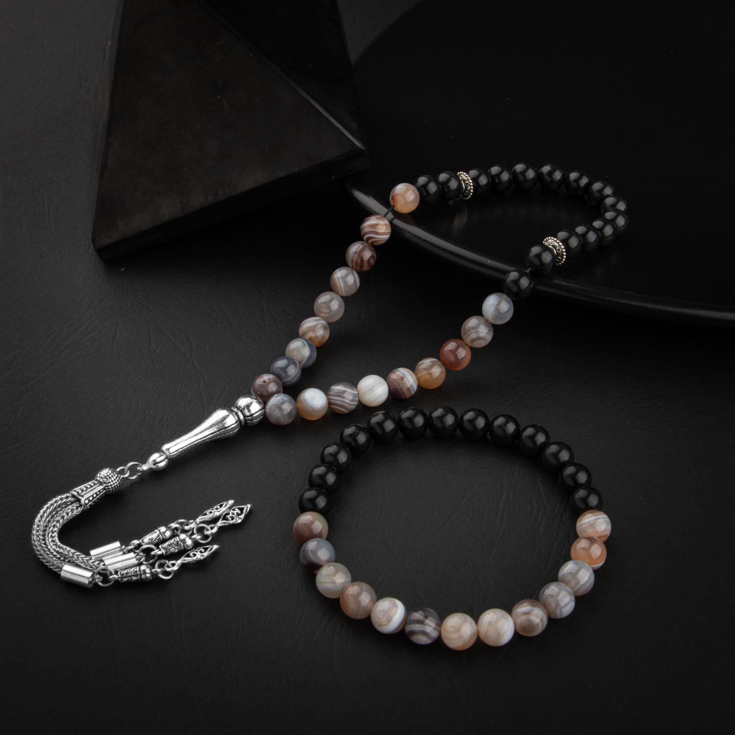 Botswana Agate & Obsidian Natural Gemstone Prayer Beads & Bracelet Set
