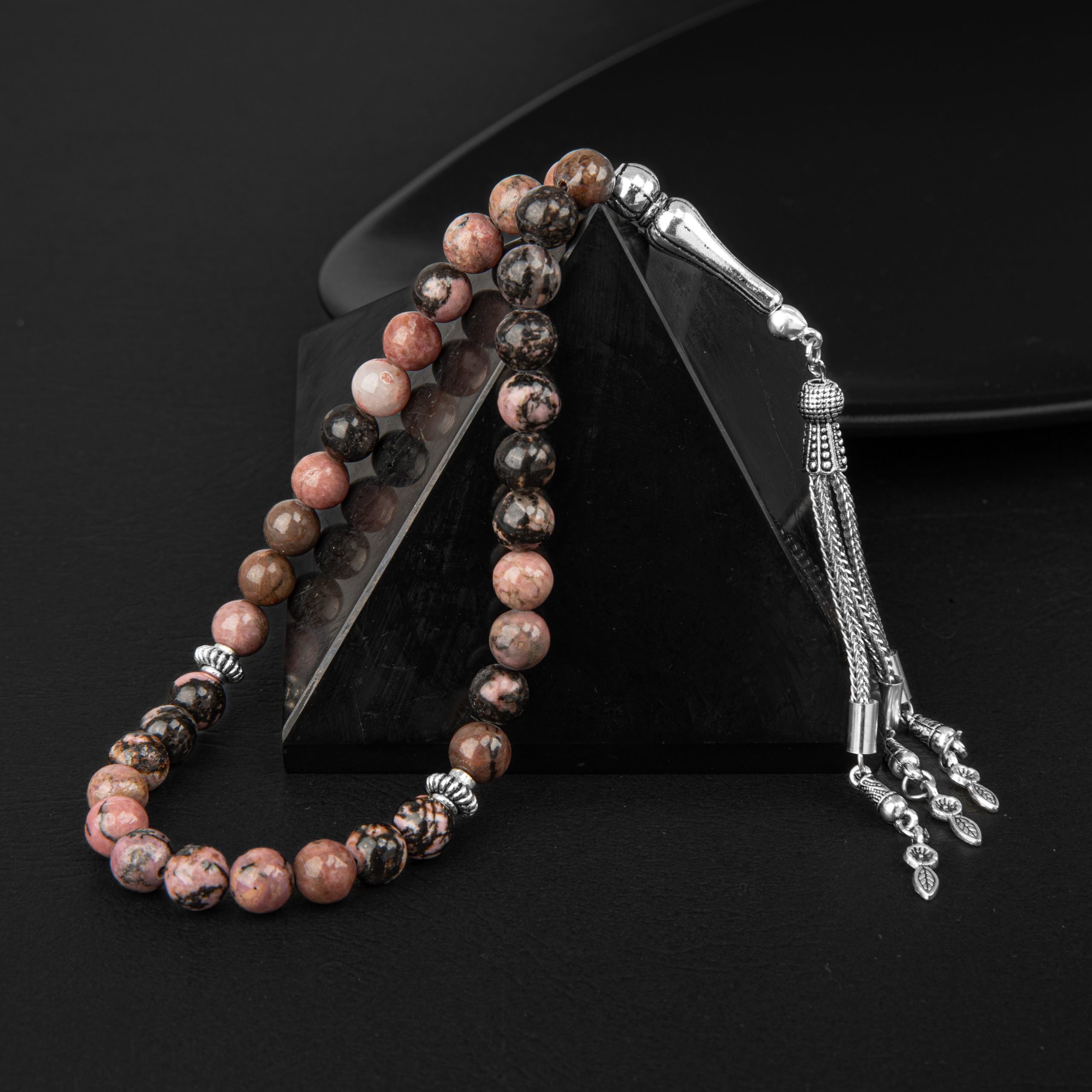 Rhodonite Natural Gemstone Prayer Beads 33-Bead – 8mm Handcrafted