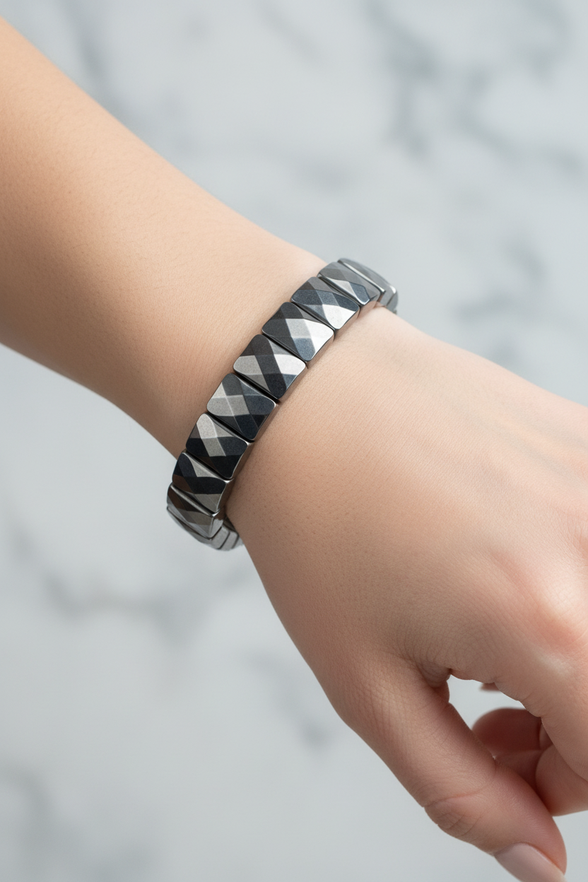 Hematite Wide Cut Square Cut Natural Gemstone Bracelet