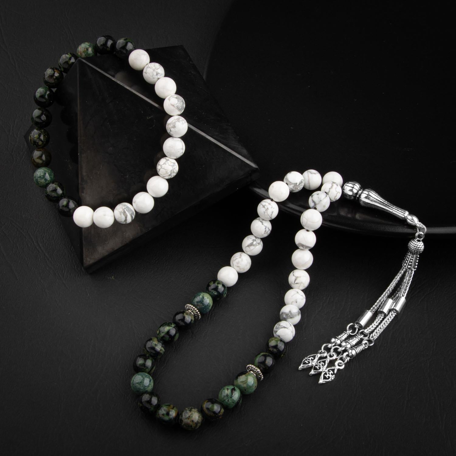 Howlite & Green Jasper Natural Gemstone Prayer Beads & Bracelet Set