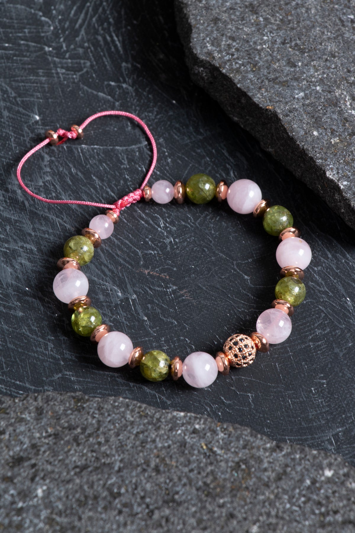 Laboratory Certified Peridot (Zebercet), Rose Quartz & Hematite Natural Stone Bracelet