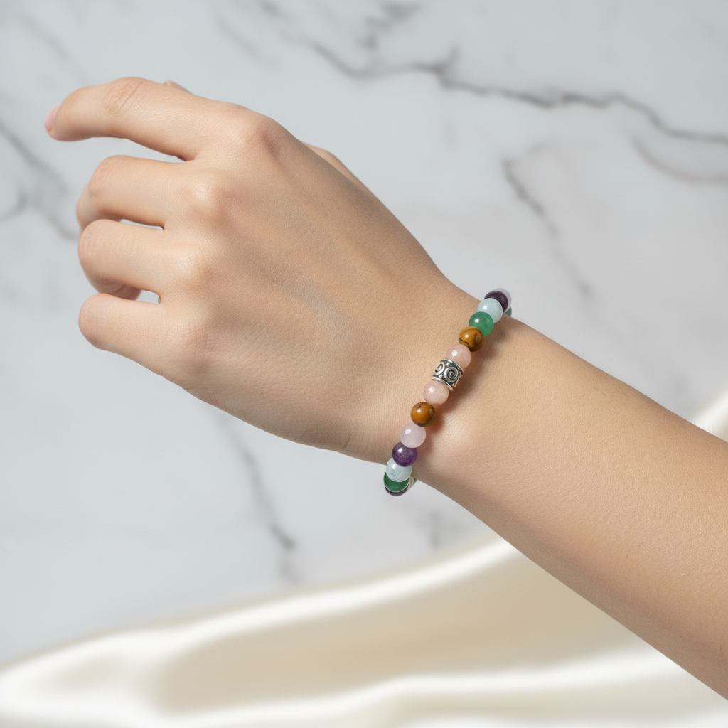 Laboratory Certified Taurus Zodiac Natural Stone Bracelet – Sunstone, Chrysocolla, Obsidian, Rhodonite, Mother of Pearl, Green Aventurine & Jade (Serpentine)