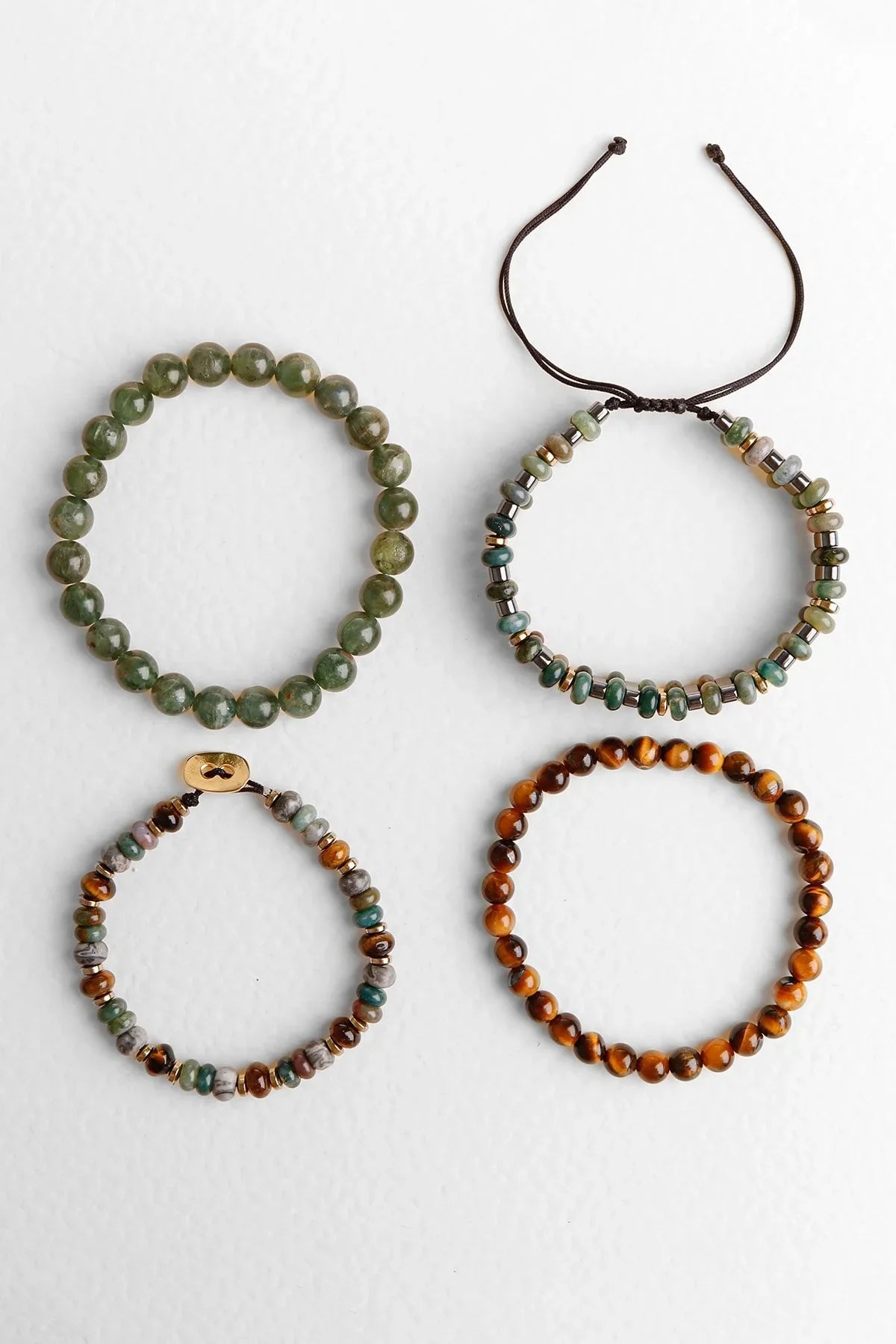 Laboratory Certified Hematite, Bloodstone, Green Apatite, Grey Jasper & Tiger’s Eye Men’s Natural Stone Bracelet Set
