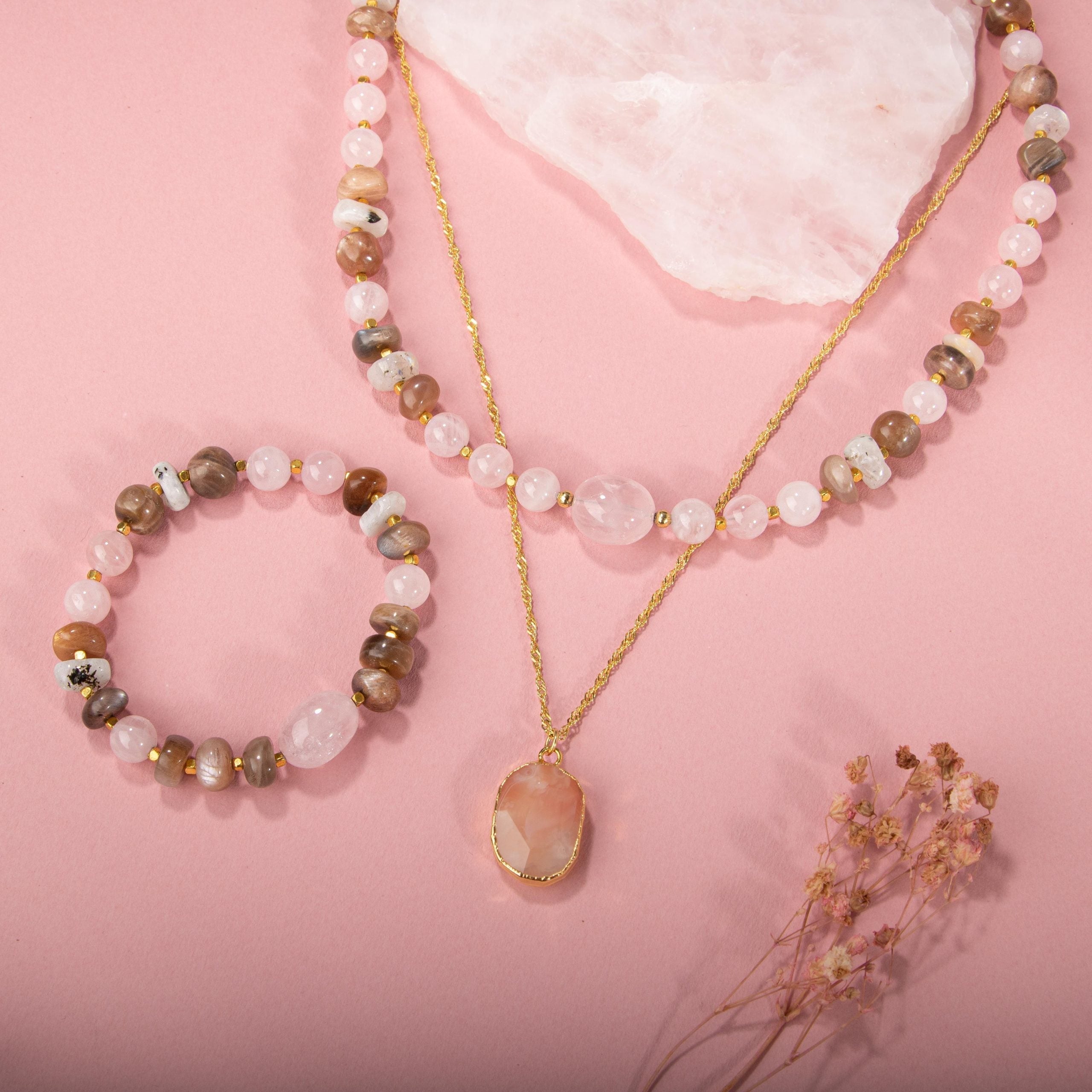 Güneş Taşı-Pembe Kuvars-Ay Taşı Doğal Taş Gümüş Kolye Bileklik Seti- 54cm