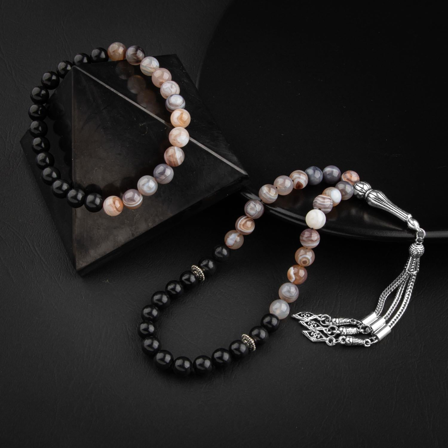 Botswana Agate & Obsidian Natural Gemstone Prayer Beads & Bracelet Set