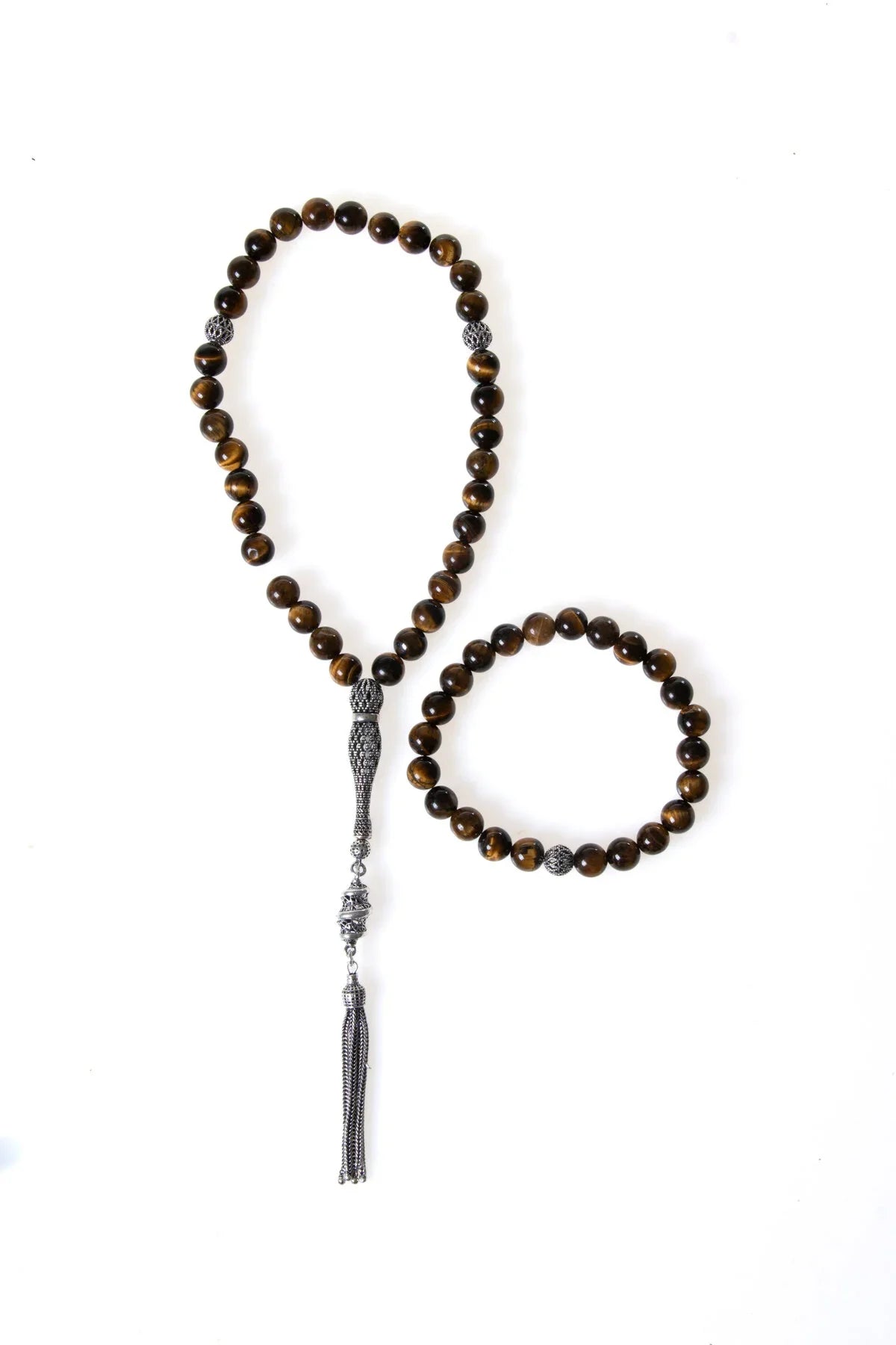 Laboratory Certified Tiger’s Eye Natural Stone 925 Sterling Silver Imam Bead Prayer Beads & Bracelet Set – 8 mm