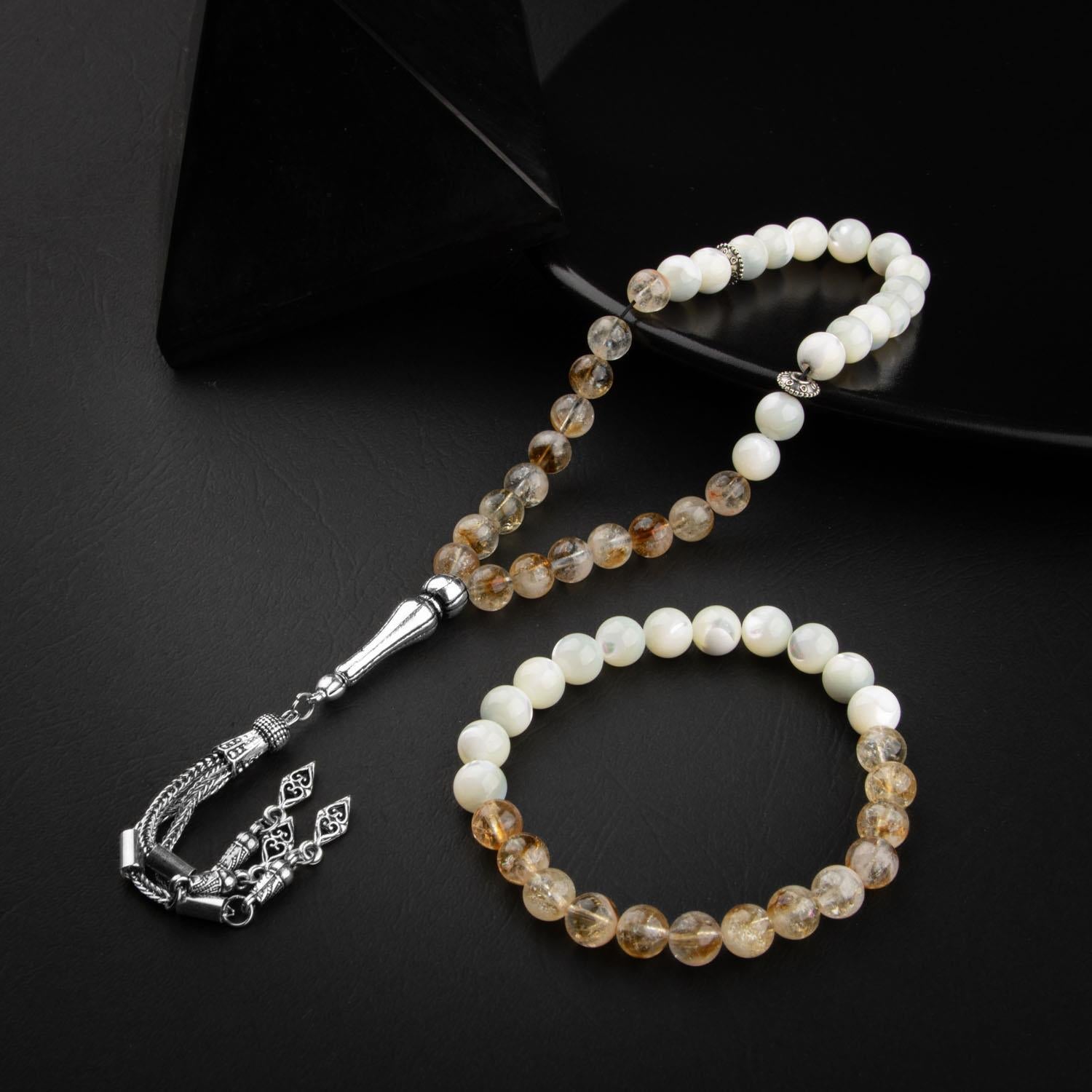Citrine & Mother of Pearl Natural Gemstone Prayer Beads & Bracelet Set