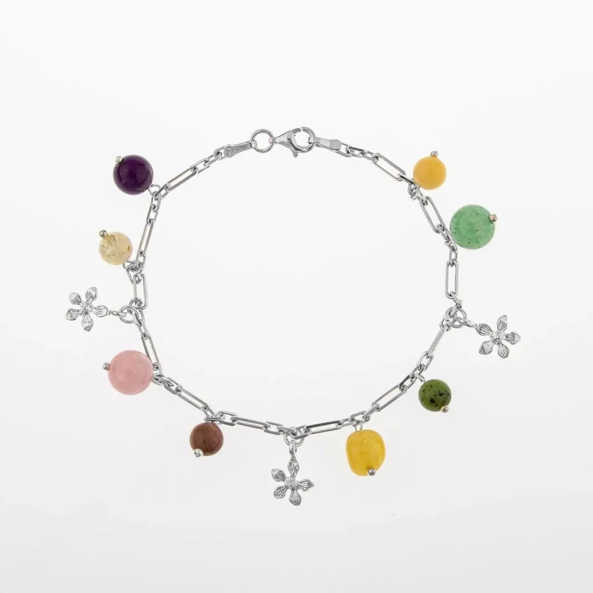 Laboratory Certified Amethyst, Citrine, Rose Quartz, Aventurine, Calcite, Jade & Amber Natural Stone Silver Bracelet