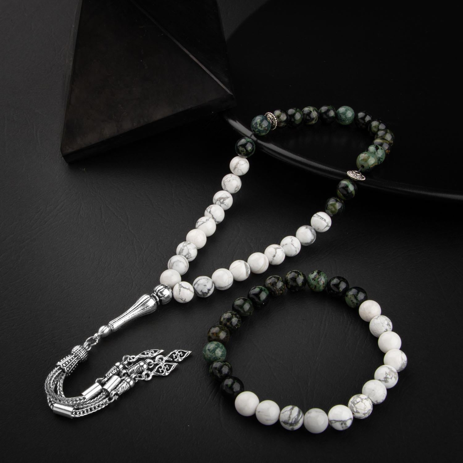 Howlite & Green Jasper Natural Gemstone Prayer Beads & Bracelet Set