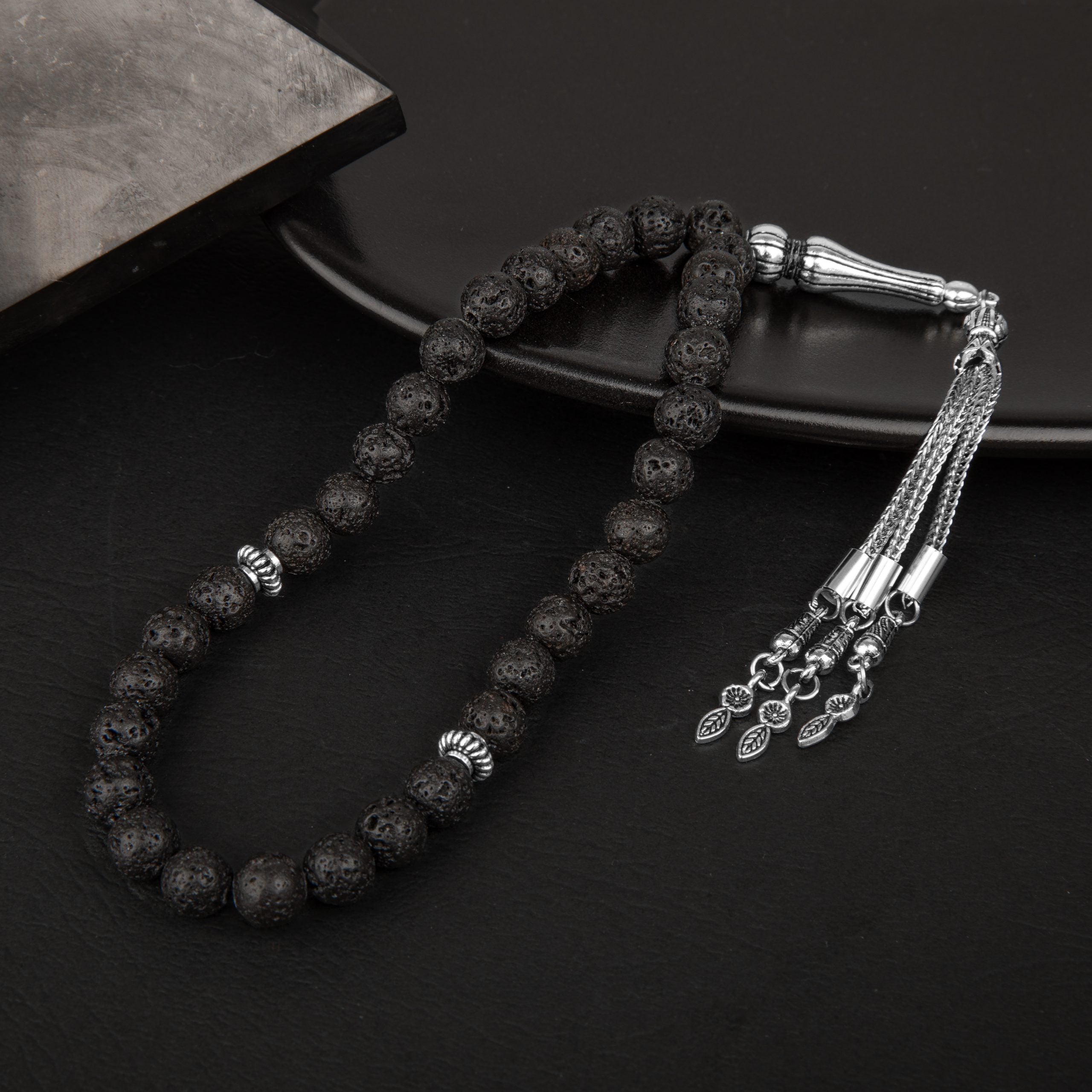 Black Lava Stone Natural Gemstone Prayer Beads 33-Bead – 8mm Handcrafted