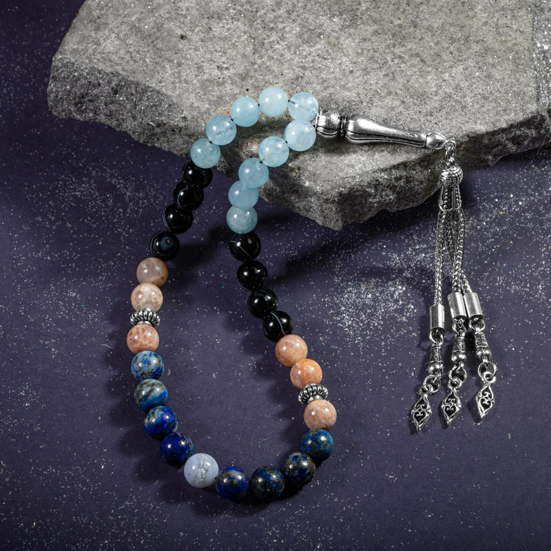 Laboratory Certified Libra Zodiac Prayer Beads – Aquamarine, Sunstone, Chalcedony, Lapis Lazuli & Black Eye Agate Natural Gemstone