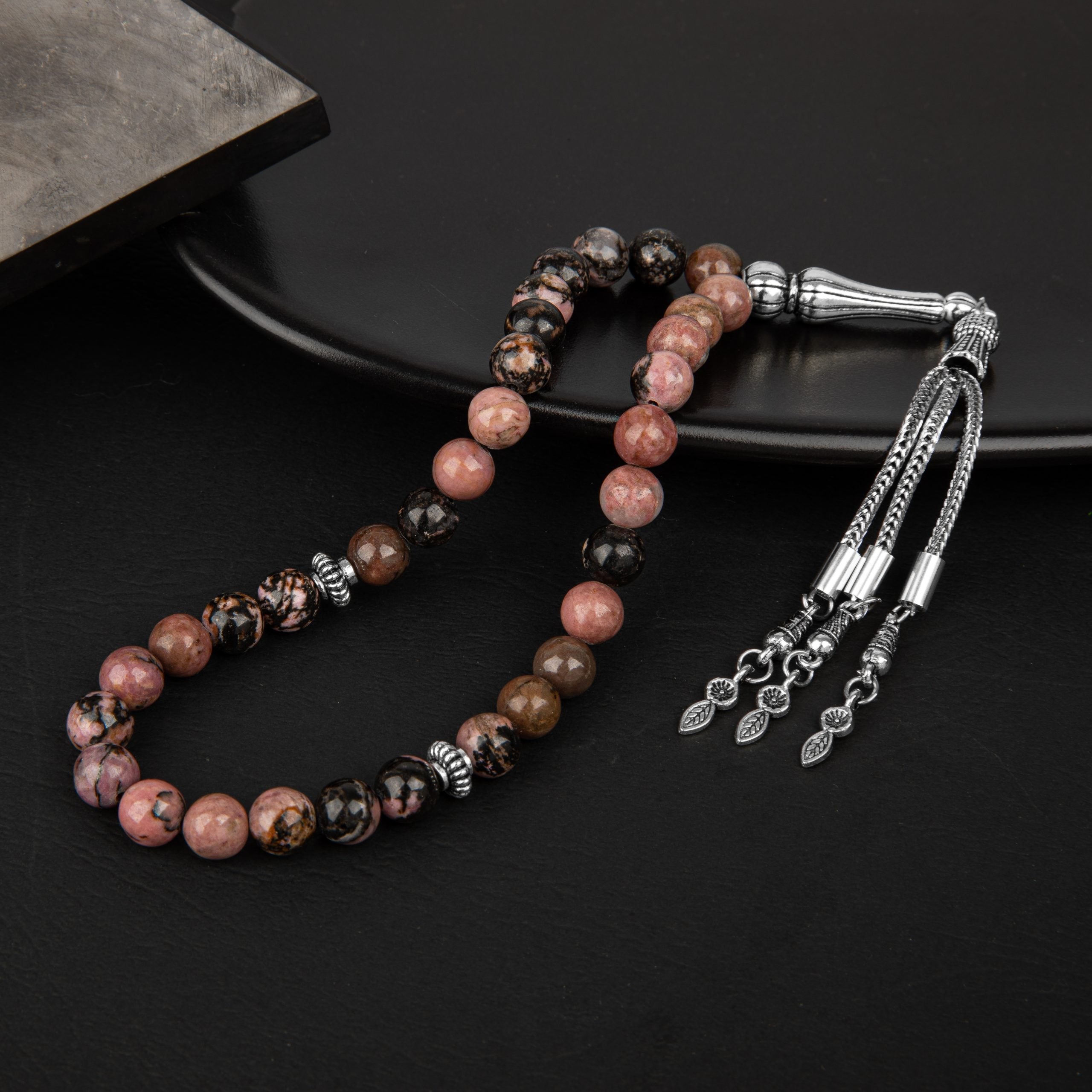 Rhodonite Natural Gemstone Prayer Beads 33-Bead – 8mm Handcrafted