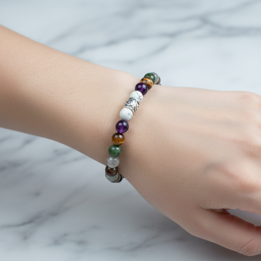 Laboratory Certified Scorpio Zodiac Natural Stone Bracelet – Amethyst, Burgundy Garnet (Lal), Howlite, Tiger’s Eye, Labradorite & Jade (Serpentine)