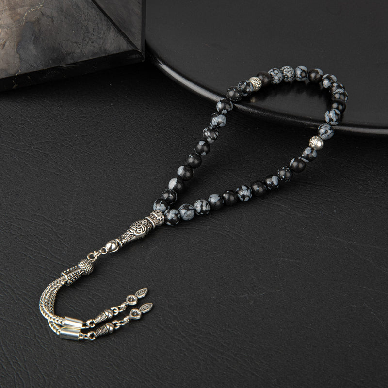 Laboratory Certified Snowflake Obsidian Natural Gemstone Prayer Beads 33-Bead – 6mm