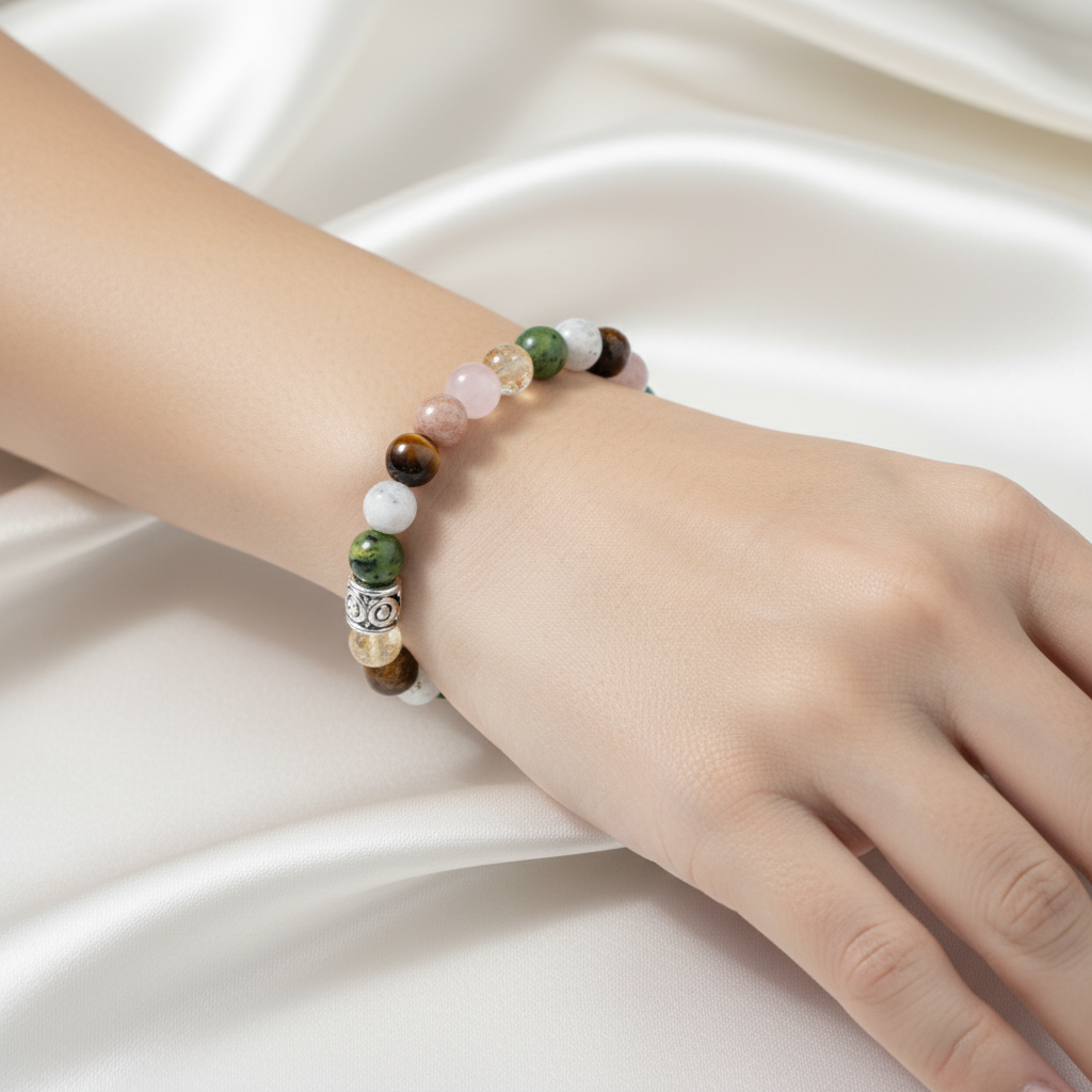 Laboratory Certified Gemini Zodiac Natural Stone Bracelet – Moonstone, Sunstone, Tiger’s Eye, Rose Quartz, Citrine & Jade (Serpentine)