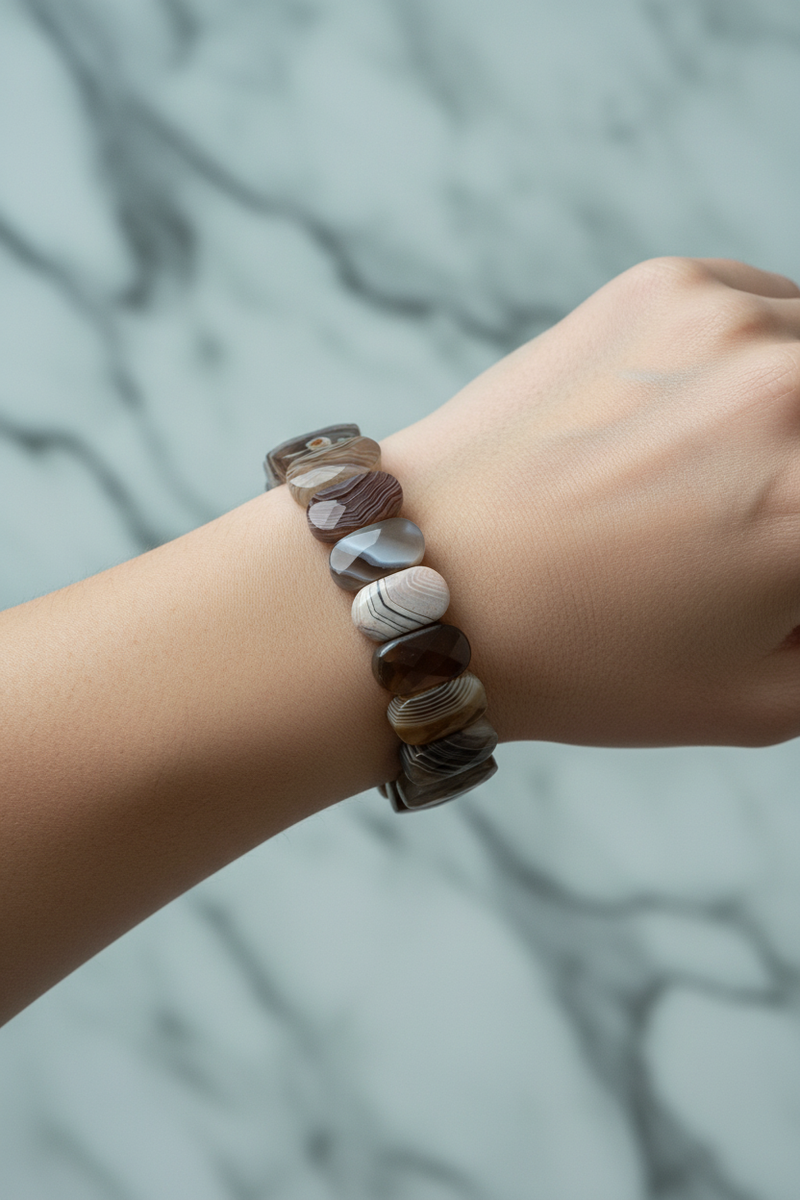 Laboratory Certified Botswana Agate Wide Cut Natural Gemstone Bracelet