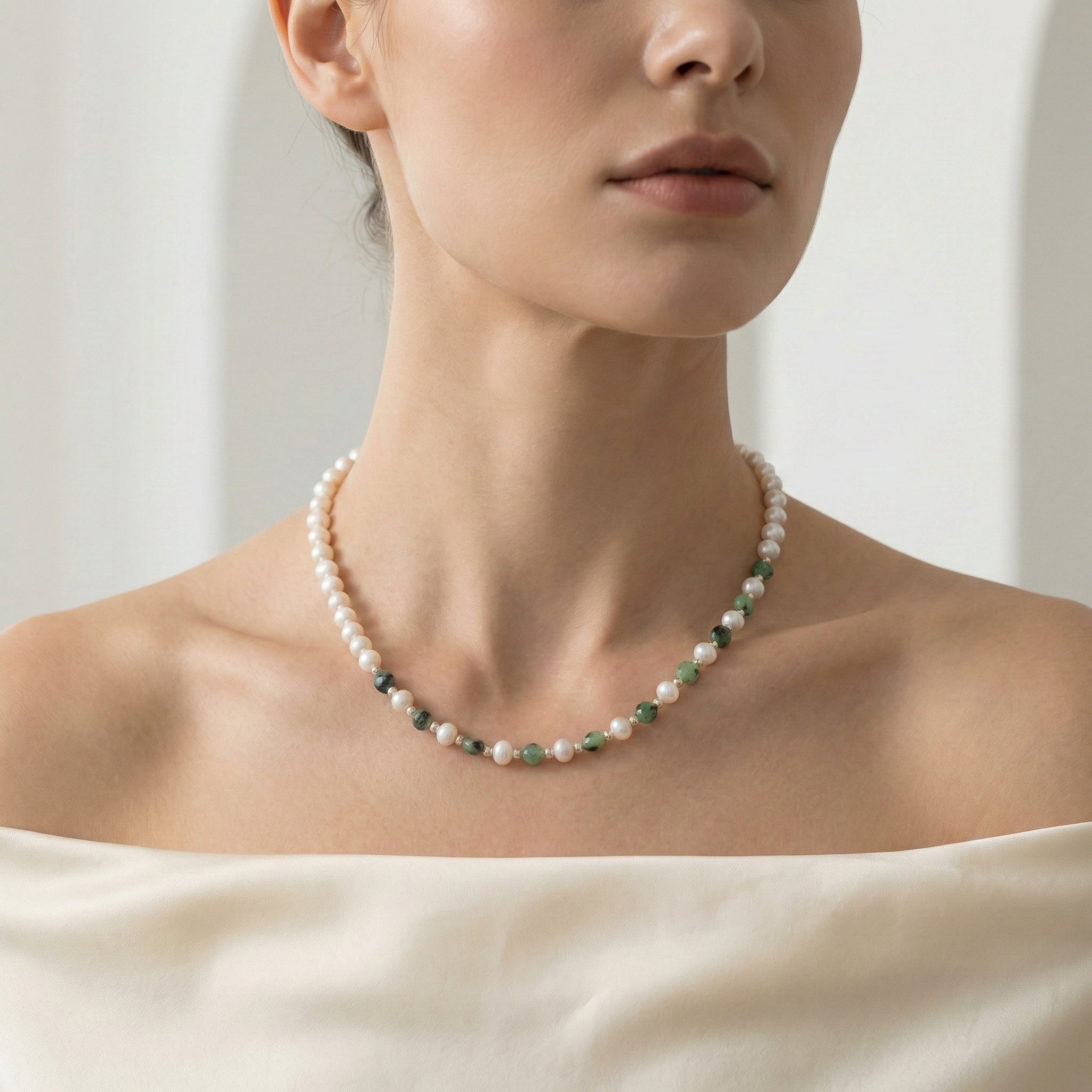 Laboratory Certified Pearl & Anyolite Natural Stone 925 Sterling Silver Necklace