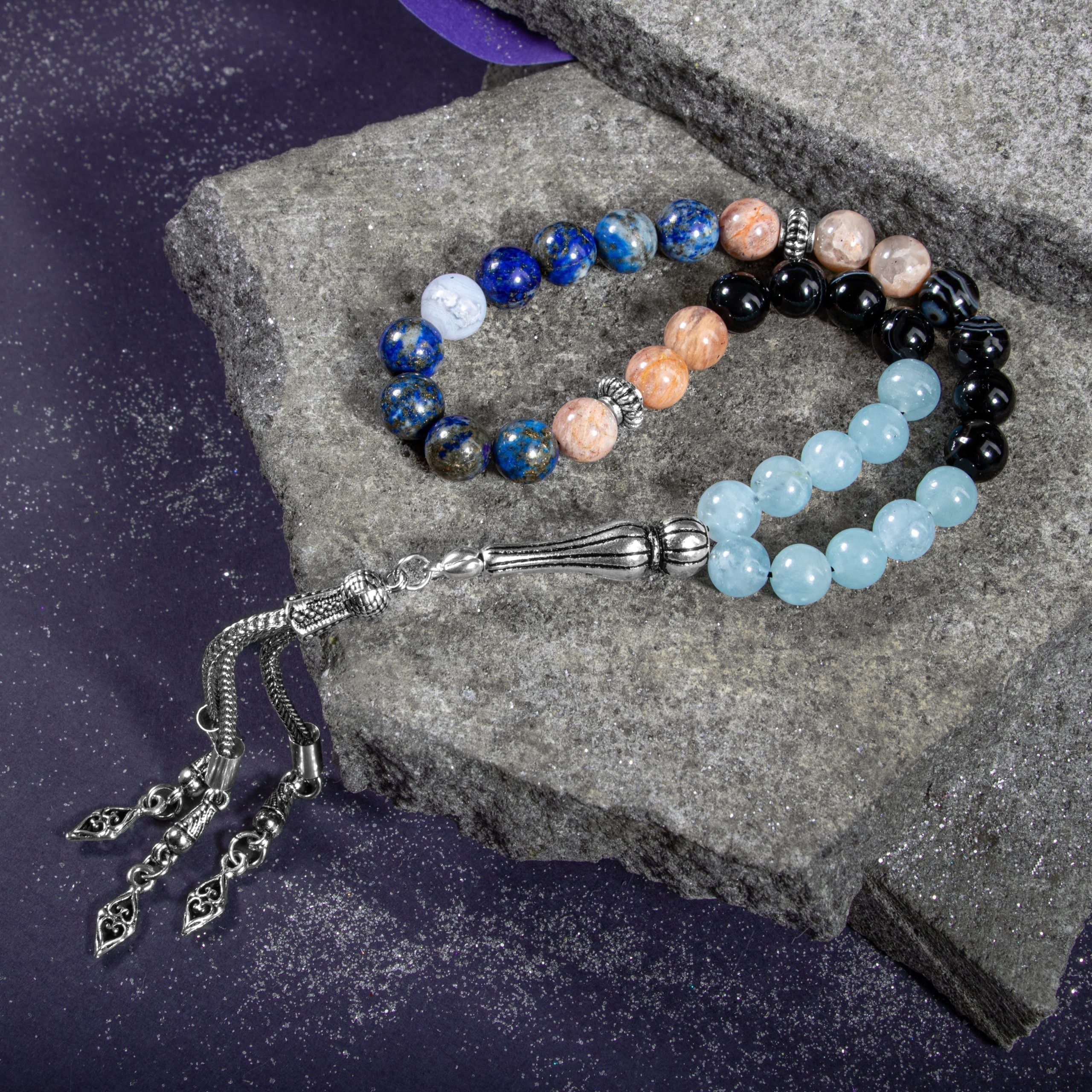 Libra Zodiac Prayer Beads – Aquamarine, Sunstone, Chalcedony, Lapis Lazuli & Black Eye Agate Natural Gemstone