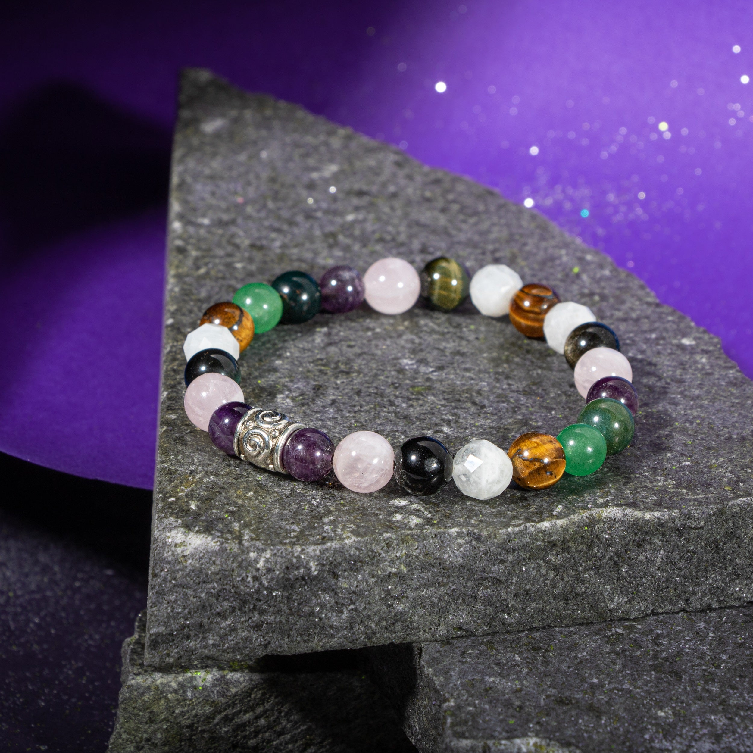 Yengeç Burcu Bileklik Ametist, Ay Taşı, Golden Obsidyen, Kan Taşı, Kaplan Gözü, Pembe Kuvars, Yeşil Aventurin
