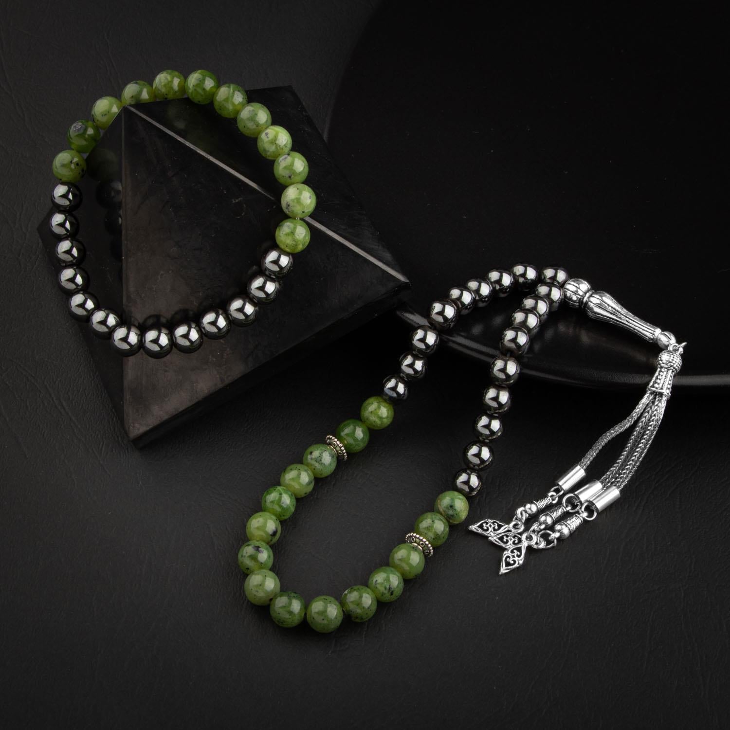 Jade & Hematite Natural Gemstone Prayer Beads & Bracelet Set