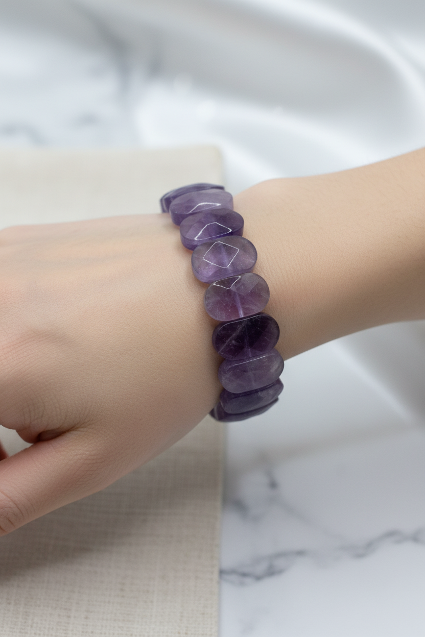 Amethyst Wide Cut Natural Gemstone Bracelet