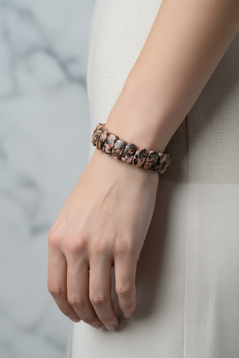 Rhodonite Wide Cut Natural Gemstone Bracelet