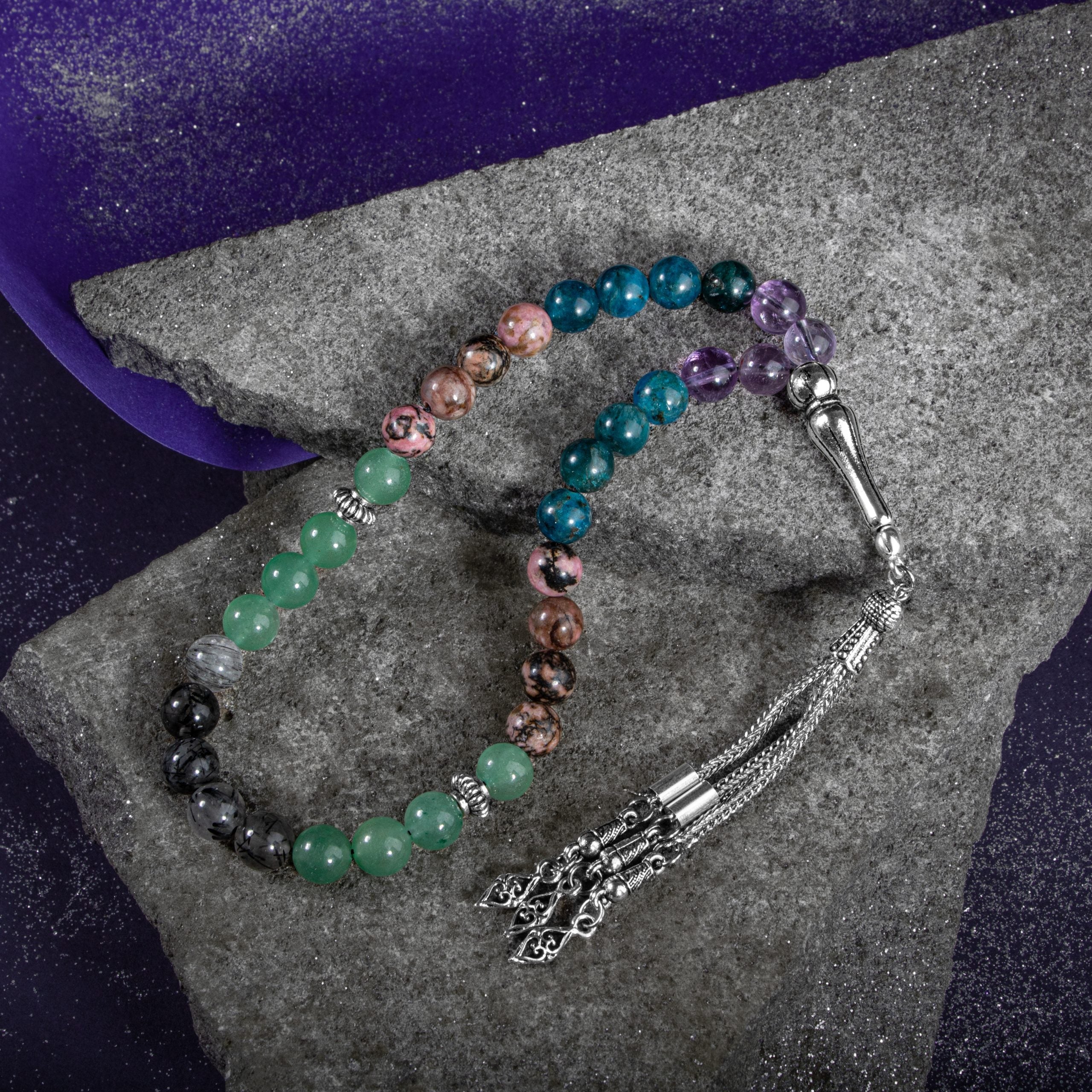 Taurus Zodiac Prayer Beads – Ametrine, Blue Apatite, Rhodonite, Rutilated Quartz & Green Aventurine Natural Gemstone