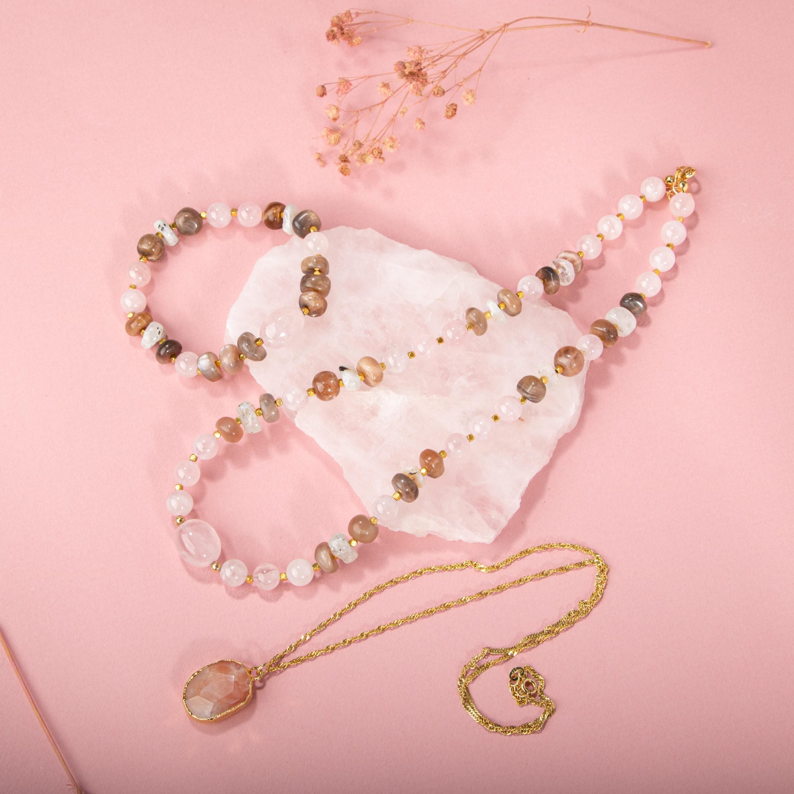 Güneş Taşı-Pembe Kuvars-Ay Taşı Doğal Taş Gümüş Kolye Bileklik Seti- 54cm