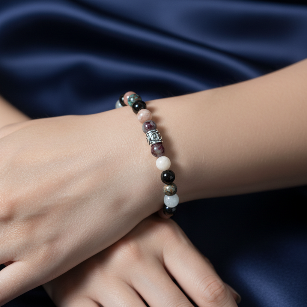 Laboratory Certified Libra Zodiac Natural Stone Bracelet – Aquamarine, Smoky Quartz, Sunstone, Chrysocolla, Obsidian & Black Tourmaline