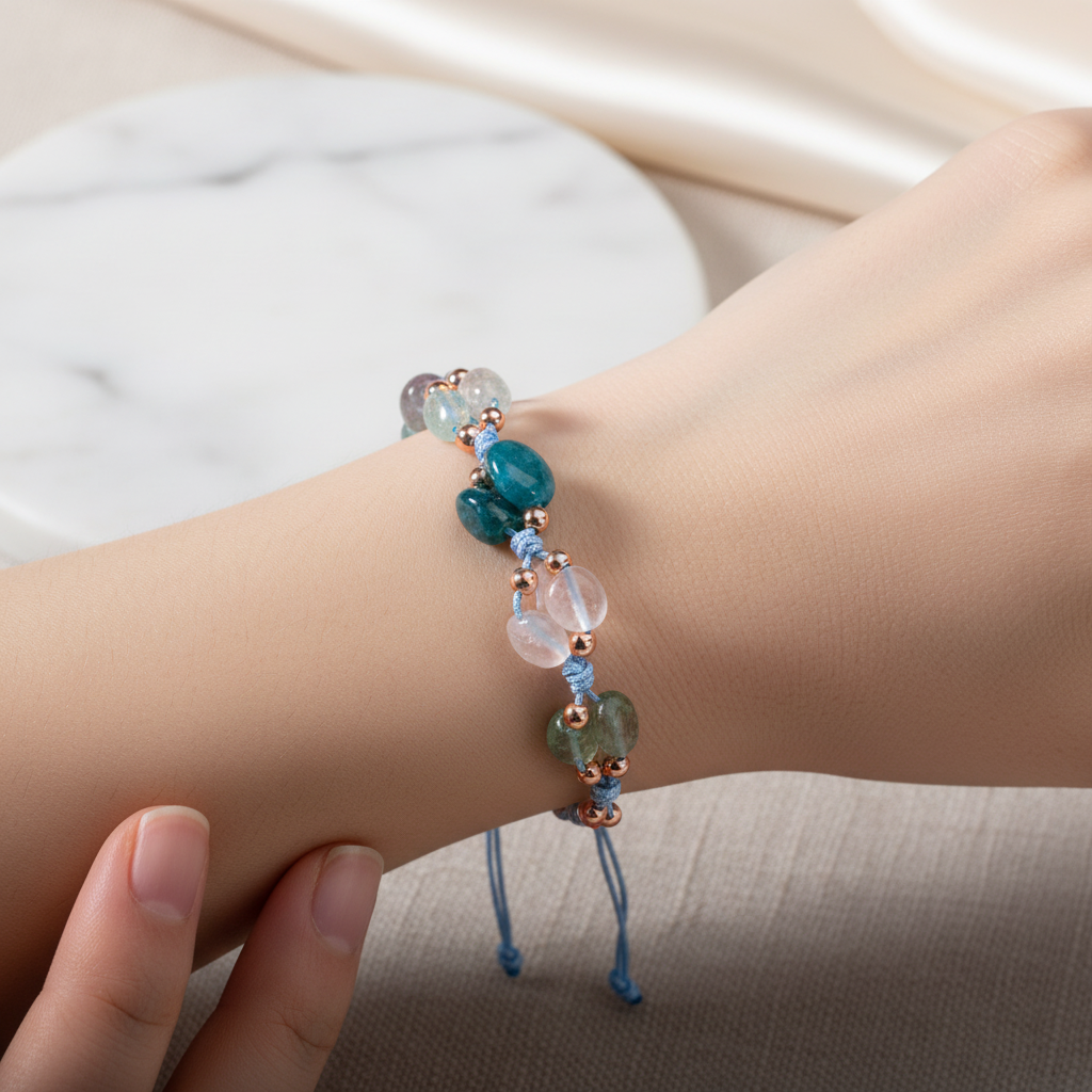 Pisces Zodiac Natural Stone Macramé Bracelet – Aquamarine, Amethyst, Moonstone, Kyanite, Blue Apatite, Purple Fluorite, Green Larimar