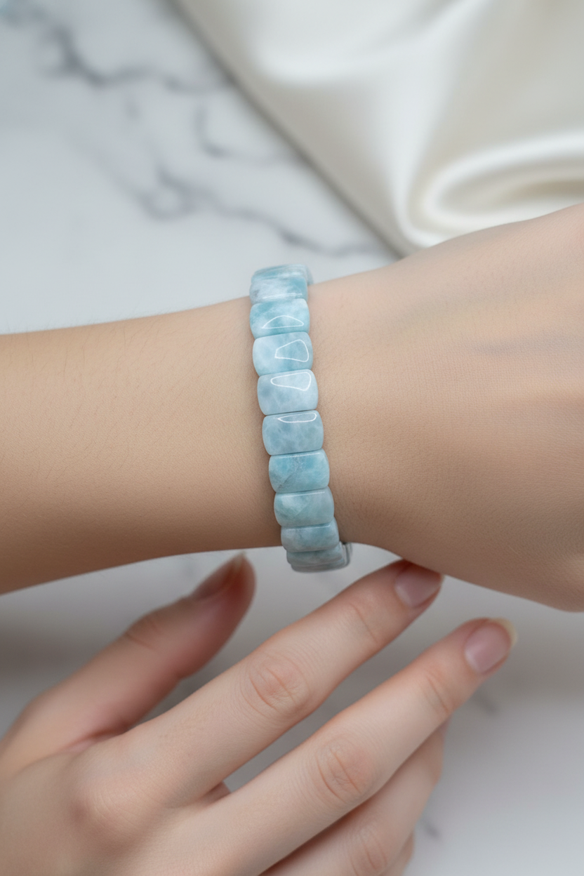 Larimar Wide Cut Natural Gemstone Bracelet