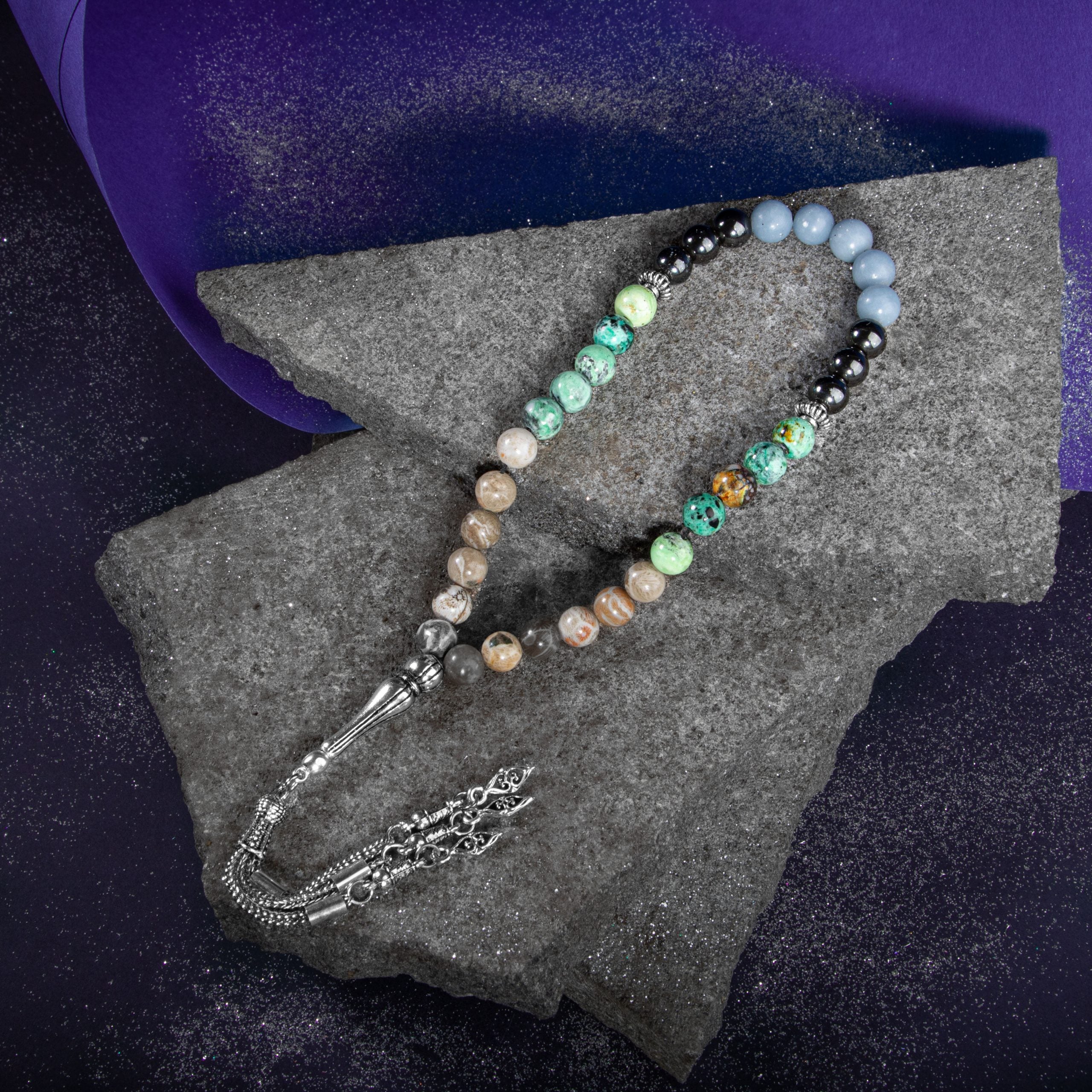 Aquarius Zodiac Prayer Beads – Angelite, Fossil Coral, Hematite & Chrysocolla Natural Gemstone