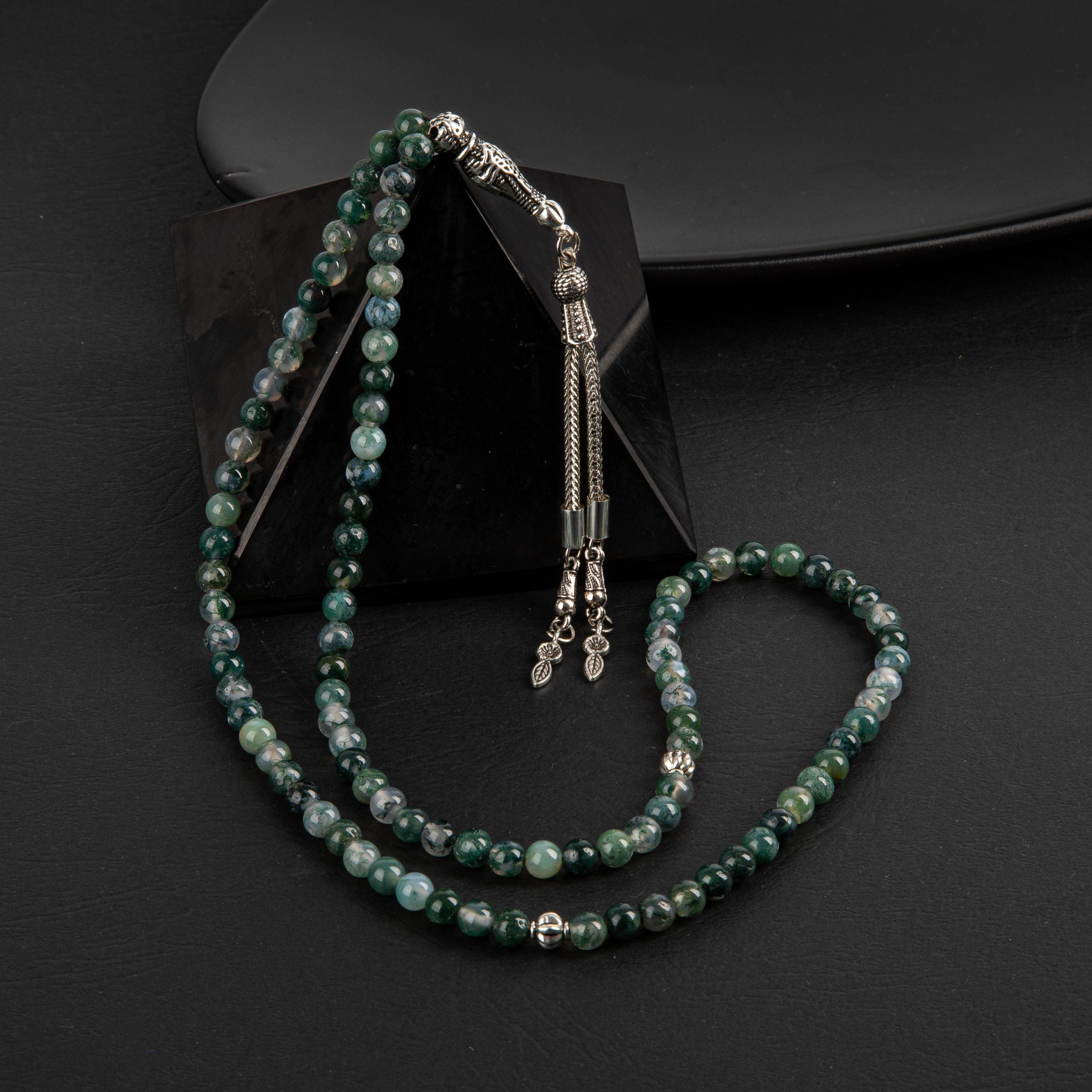 Moss Agate Natural Gemstone Prayer Beads 99-Bead – 6mm Handcrafted