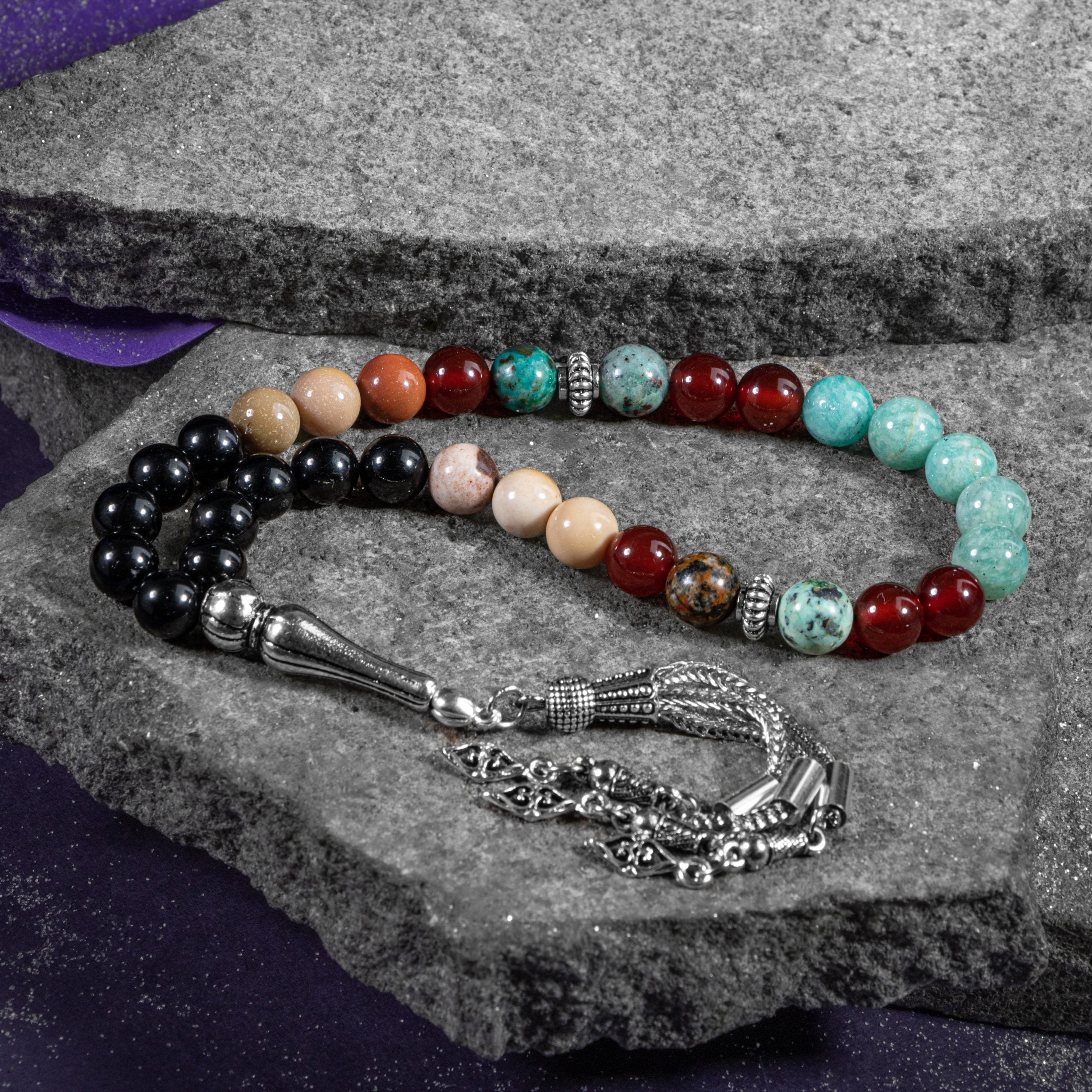 Virgo Zodiac Prayer Beads – Amazonite, Jasper, Red Agate, Chrysocolla & Black Tourmaline Natural Gemstone