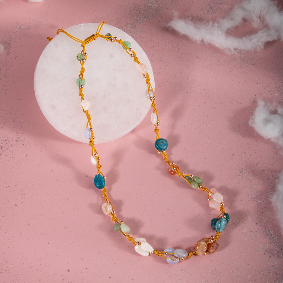 Laboratory Certified Gemini Zodiac Natural Stone Macramé Necklace – Moonstone, Sunstone, Chalcedony, Kyanite, Blue Apatite, Rose Quartz, Green Aventurine – Special Design