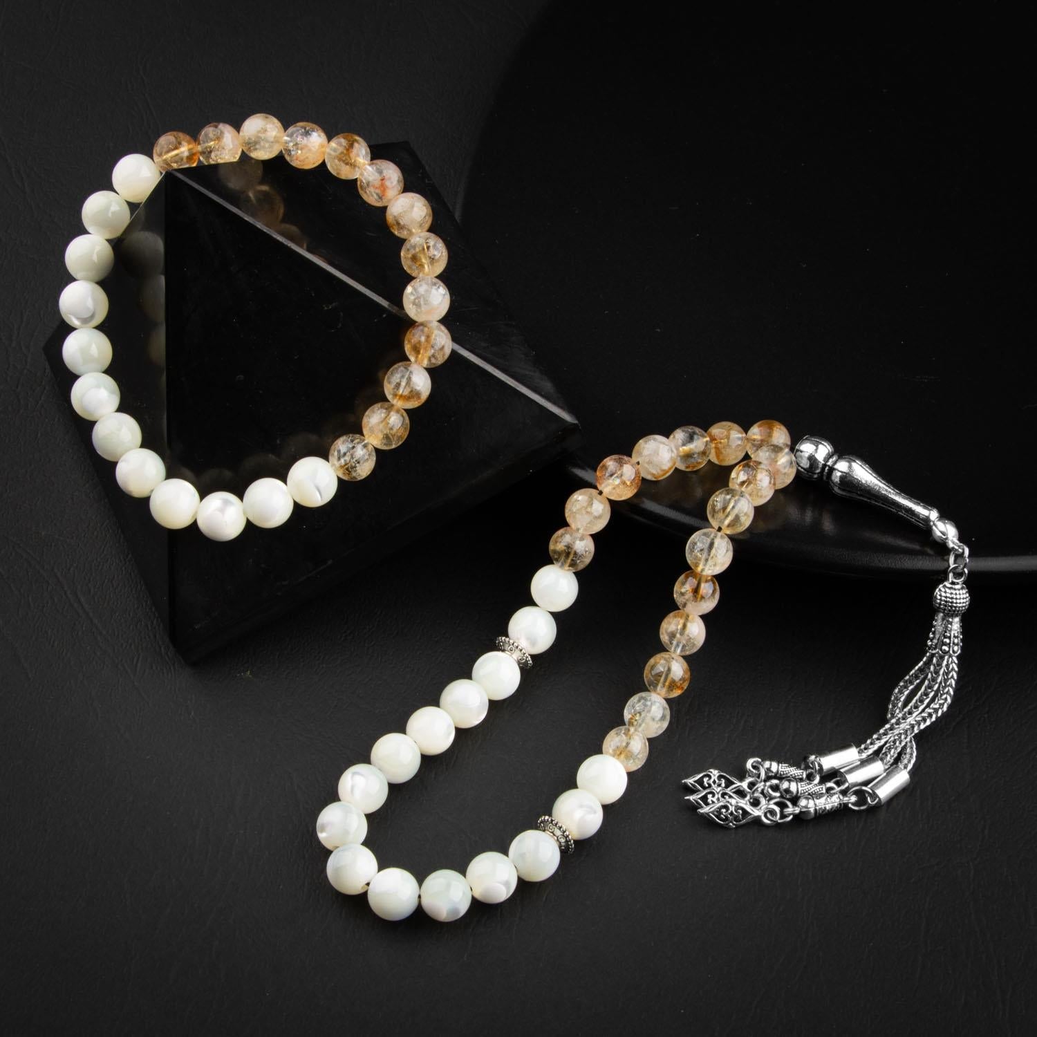 Citrine & Mother of Pearl Natural Gemstone Prayer Beads & Bracelet Set