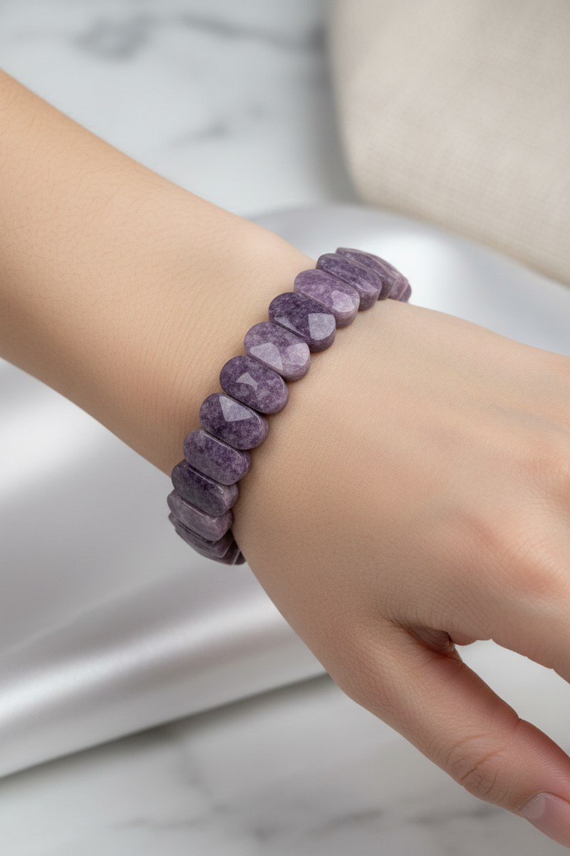 Laboratory Certified Lepidolite Wide Cut Natural Gemstone Bracelet