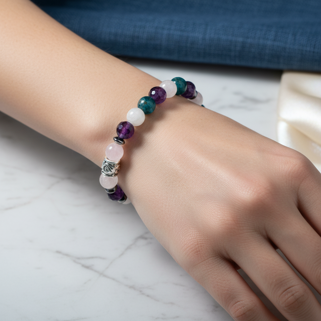 Laboratory Certified Pisces Zodiac Natural Stone Bracelet – Amethyst, Moonstone, Blue Apatite, Rose Quartz & Selenite