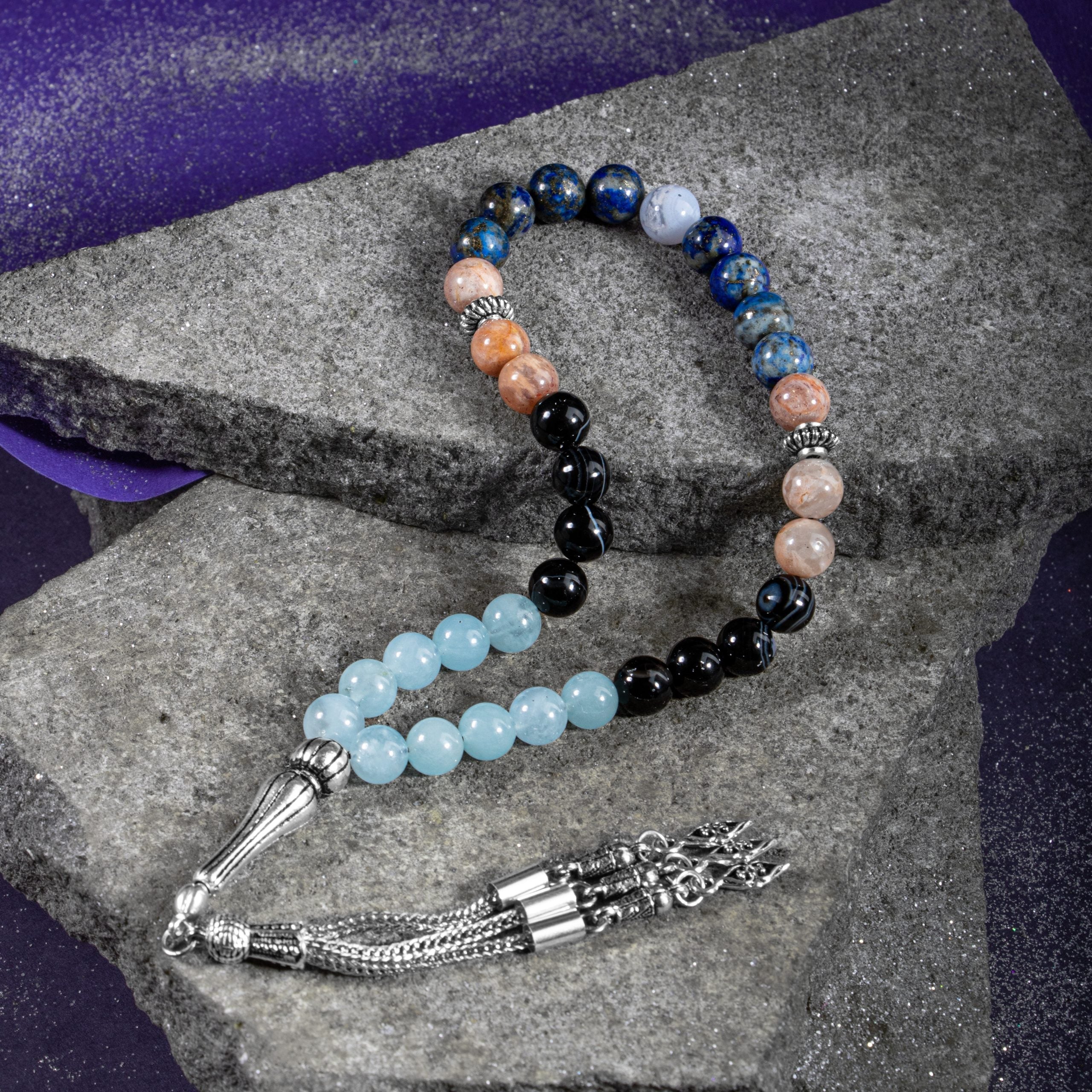 Libra Zodiac Prayer Beads – Aquamarine, Sunstone, Chalcedony, Lapis Lazuli & Black Eye Agate Natural Gemstone