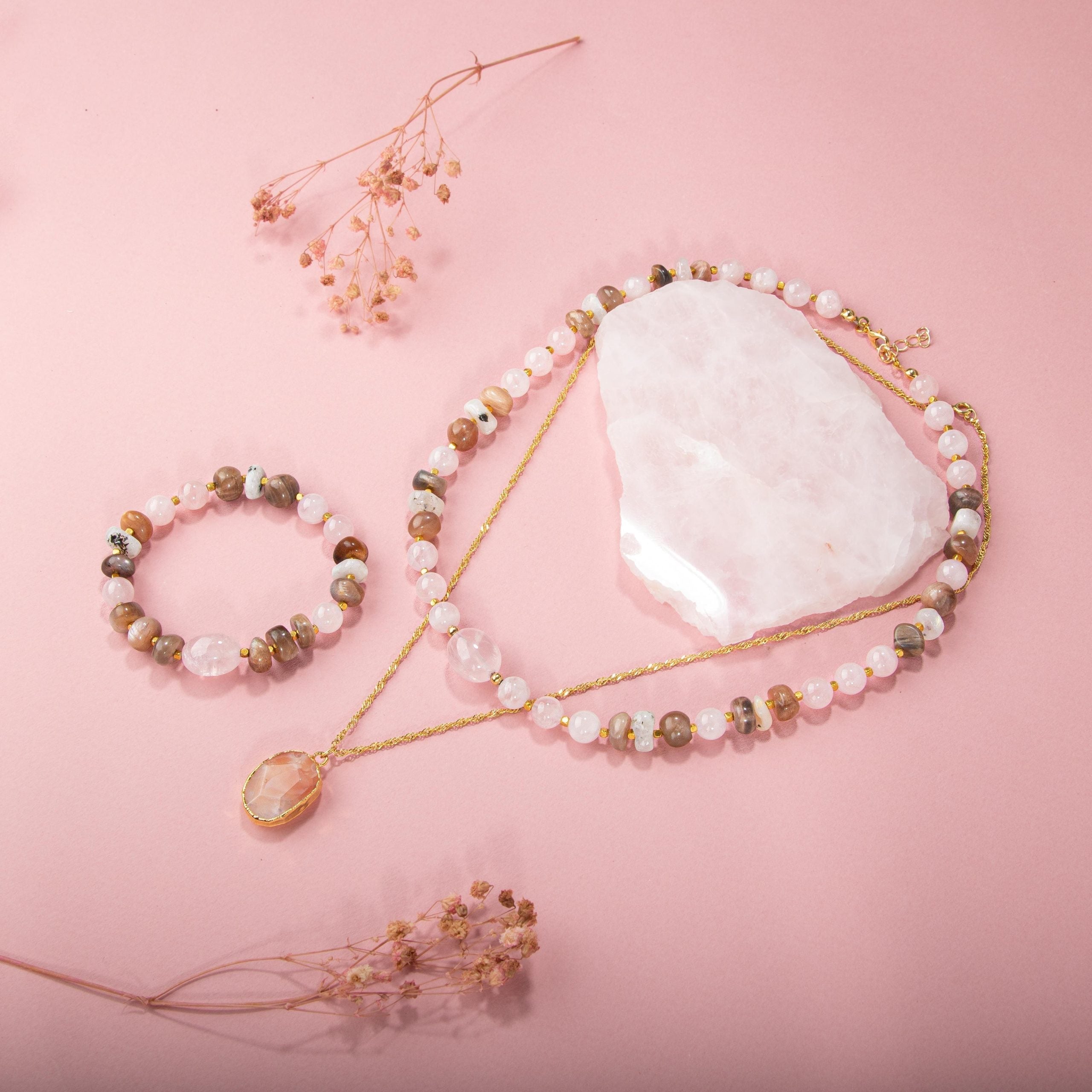 Güneş Taşı-Pembe Kuvars-Ay Taşı Doğal Taş Gümüş Kolye Bileklik Seti- 54cm