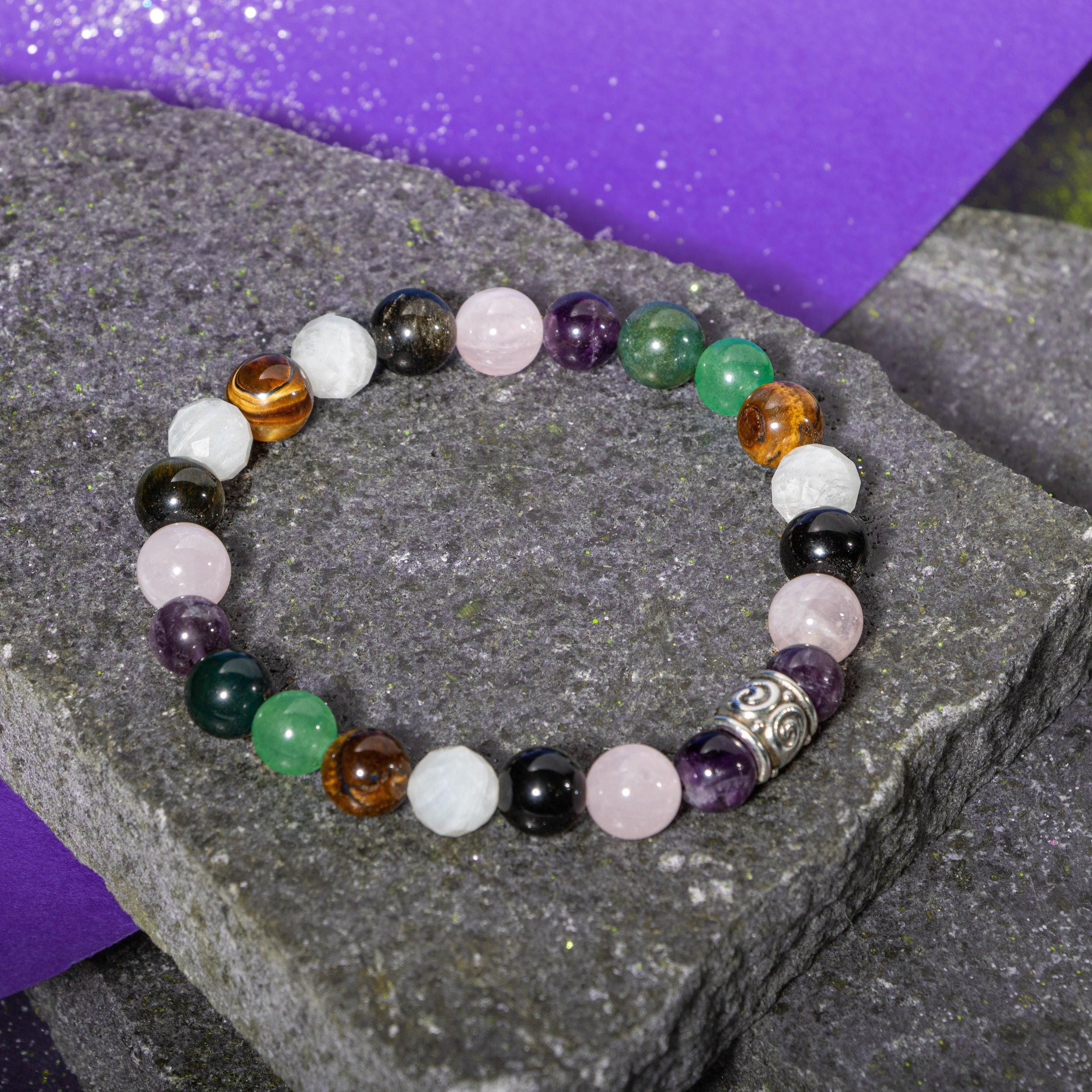 Yengeç Burcu Bileklik Ametist, Ay Taşı, Golden Obsidyen, Kan Taşı, Kaplan Gözü, Pembe Kuvars, Yeşil Aventurin