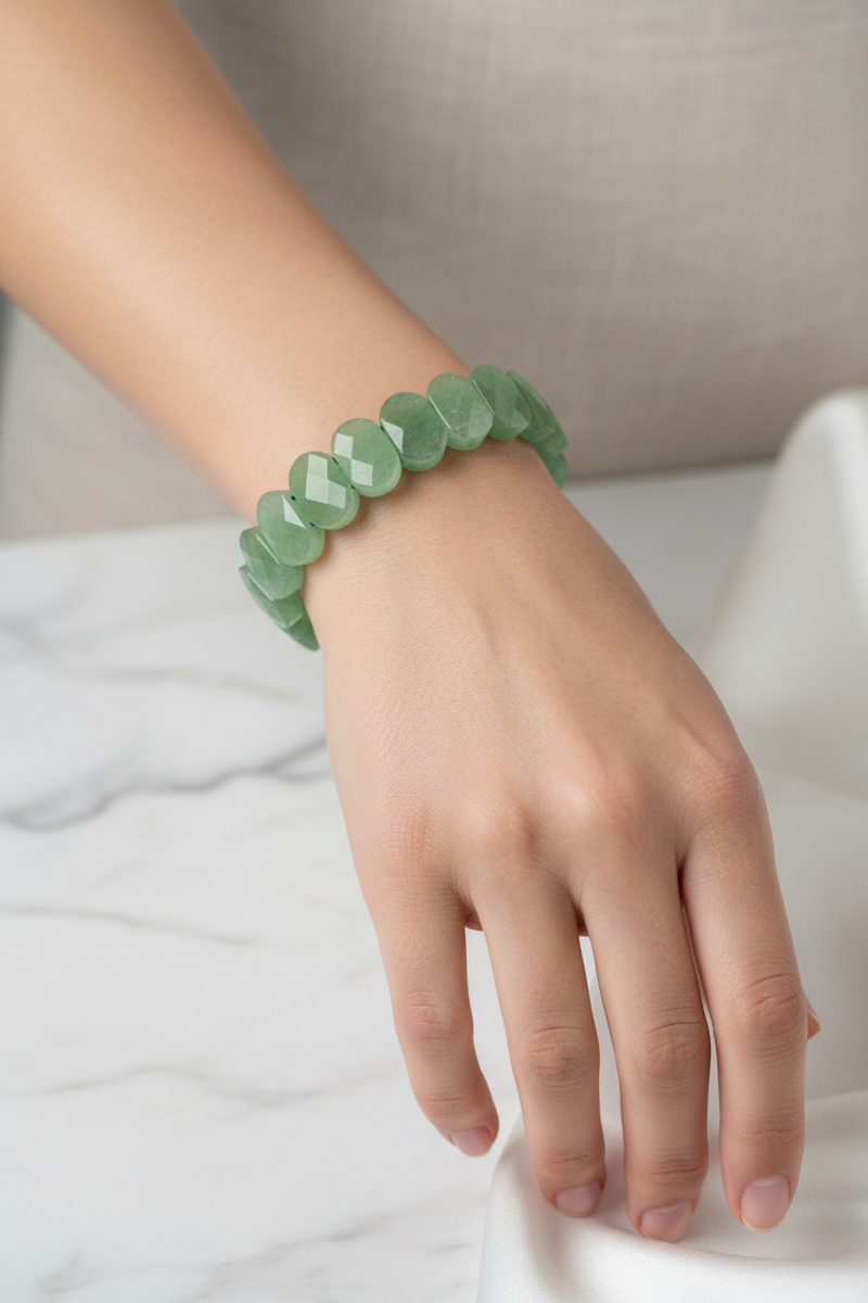 Laboratory Certified Green Aventurine Wide Cut Natural Gemstone Bracelet